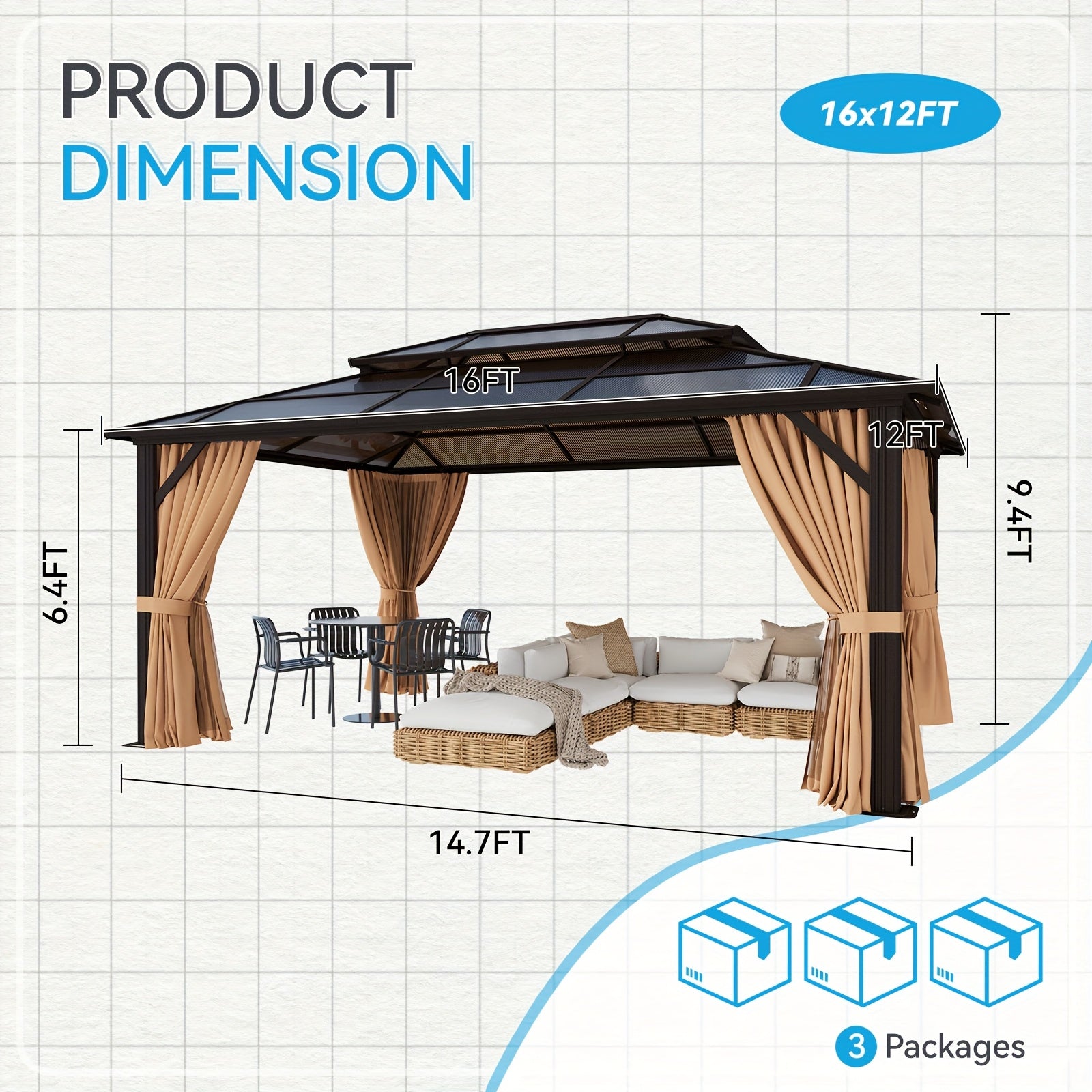 20'x13'/16'x12'/12'x10' Hardtop Gazebo for Patio, Outdoor Aluminum Gazebo with Double Roof, Curtains & Netting, Weather-Resistant Permanent Pavilion, Backyard Patio Furniture for Garden, Lawn, Deck (Brown/Gray)
