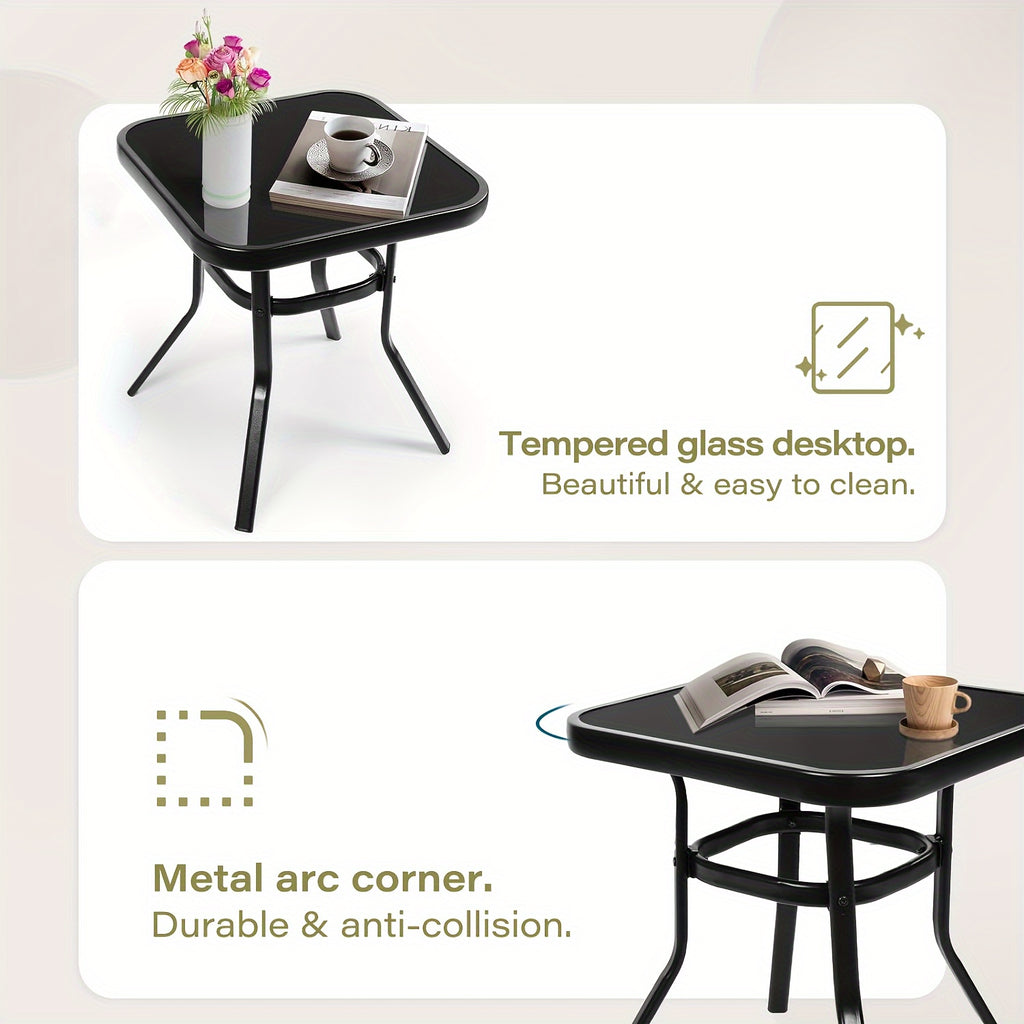 3-Piece Outdoor Rocking Chairs Bistro Set, Black Iron Patio Furniture With Red Thickened Cushion & Glass-Top Coffee Table