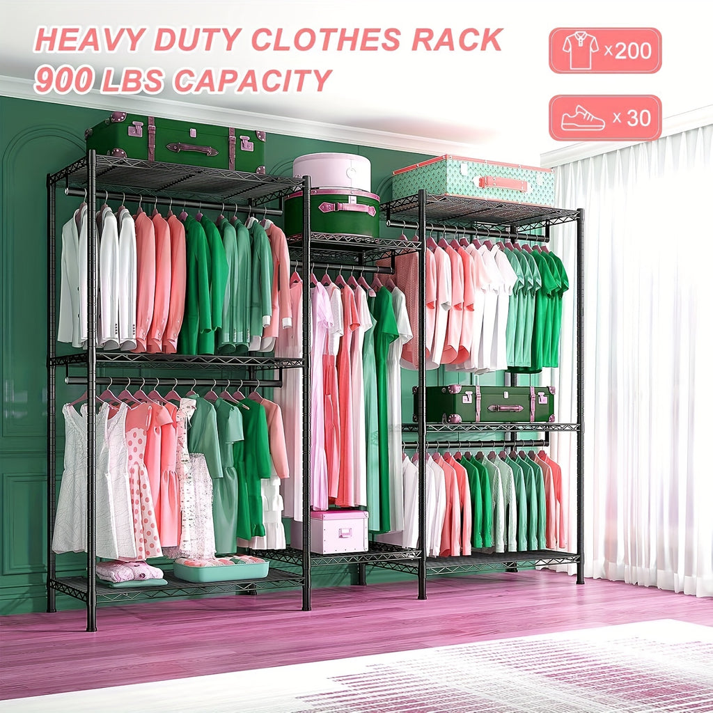 Clothes Rack Heavy Duty Metal Garment Rack With Shelves, Wardrobe Clothes Organizer, Hanging Closet Organizer For Storage, Free Standing Closet Shelves And Coat Rack, Clothes Drying Rack With Rolling Wheels, Kids Hangers And
