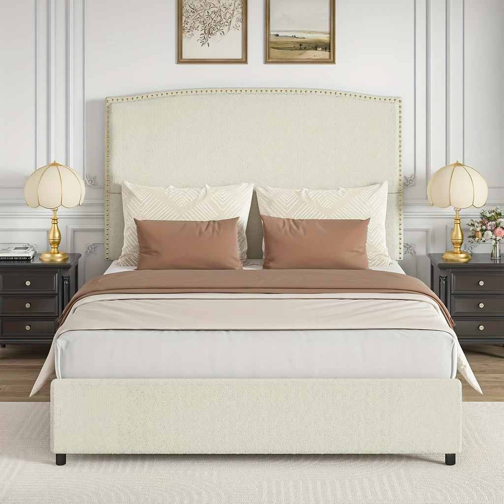 Elegant Queen King Size Bed Frame with 56" Tall Headboard, Boucle Upholstered Platform Bed with Nailhead Trim, Soft Beige/Grey/White Fabric, No Box Spring Needed, Easy Assembly, Classic Hardwood Design for a Luxurious Bedroom