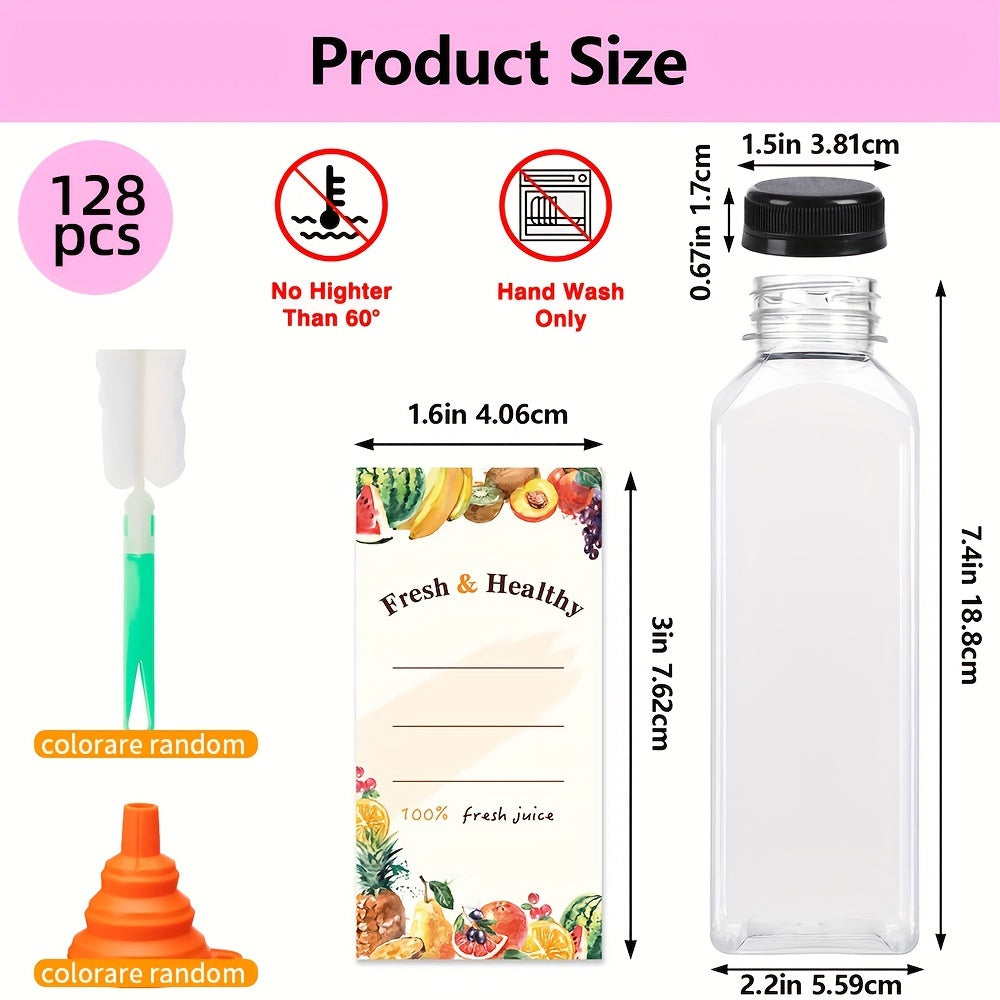 128 empty plastic bottles, 128 tamper-proof black caps, 1 rubber funnel, 1 sponge brush, 16oz Empty Plastic Juice Bottles with Caps, Bulk Clear Beverage Containers for Juicing, Drinking, Milkshake, Tea and Other Beverages