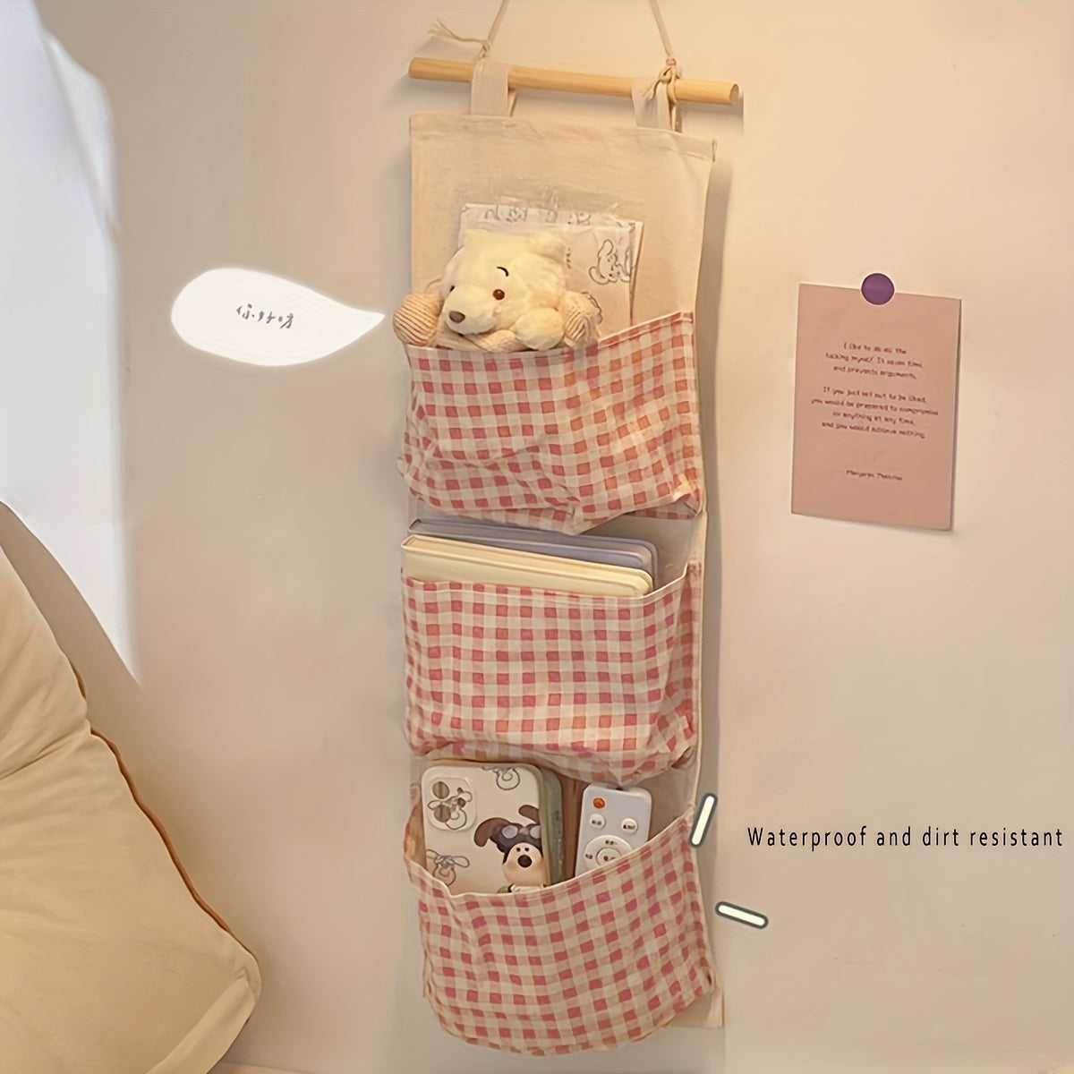 Chic Pink Plaid 3-Pocket Hanging Storage Bag for Youngsters Bottles - Foldable Polyester Organizer for Nursery & Home