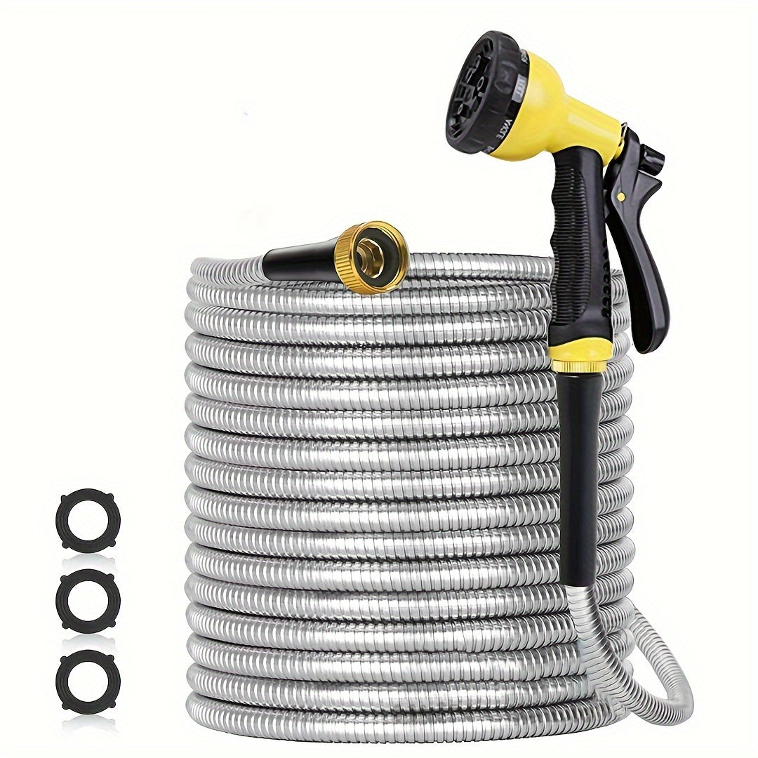 100ft Heavy-Duty Stainless Steel Garden Hose - Flexible, Puncture-Resistant & Rustproof with 10 Multi-Function Nozzles for Easy Watering | Tangle-Free Design for Easy Storage, Garden Hose Nozzle, Ultra-Flexible, Kink-Free, Ma