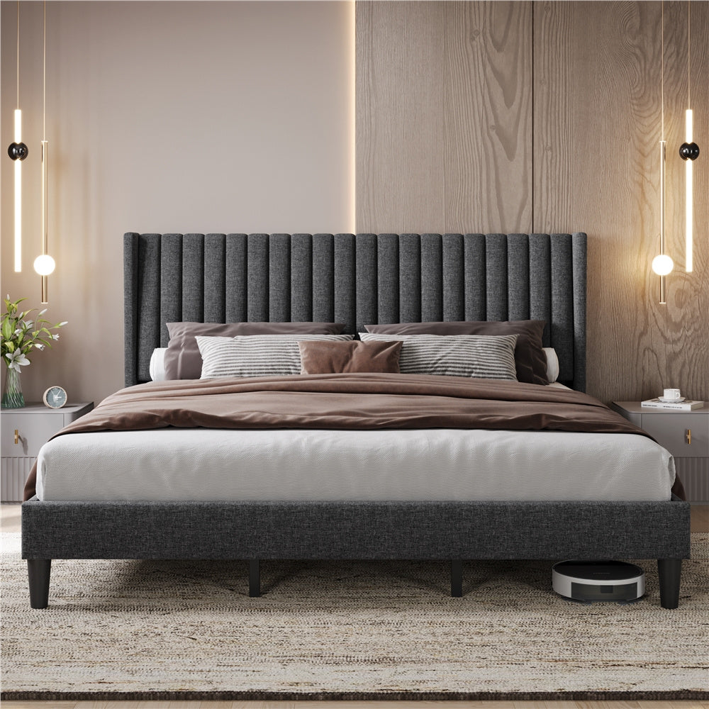 Costoffs Upholstered Bed Frame Full/Queen/King Size, Winged Headboard, Non-Slip, Noiseless, Wooden Slats, Bedroom Furniture, Easy Setup, No Box Spring Required, Installation Guide Included
