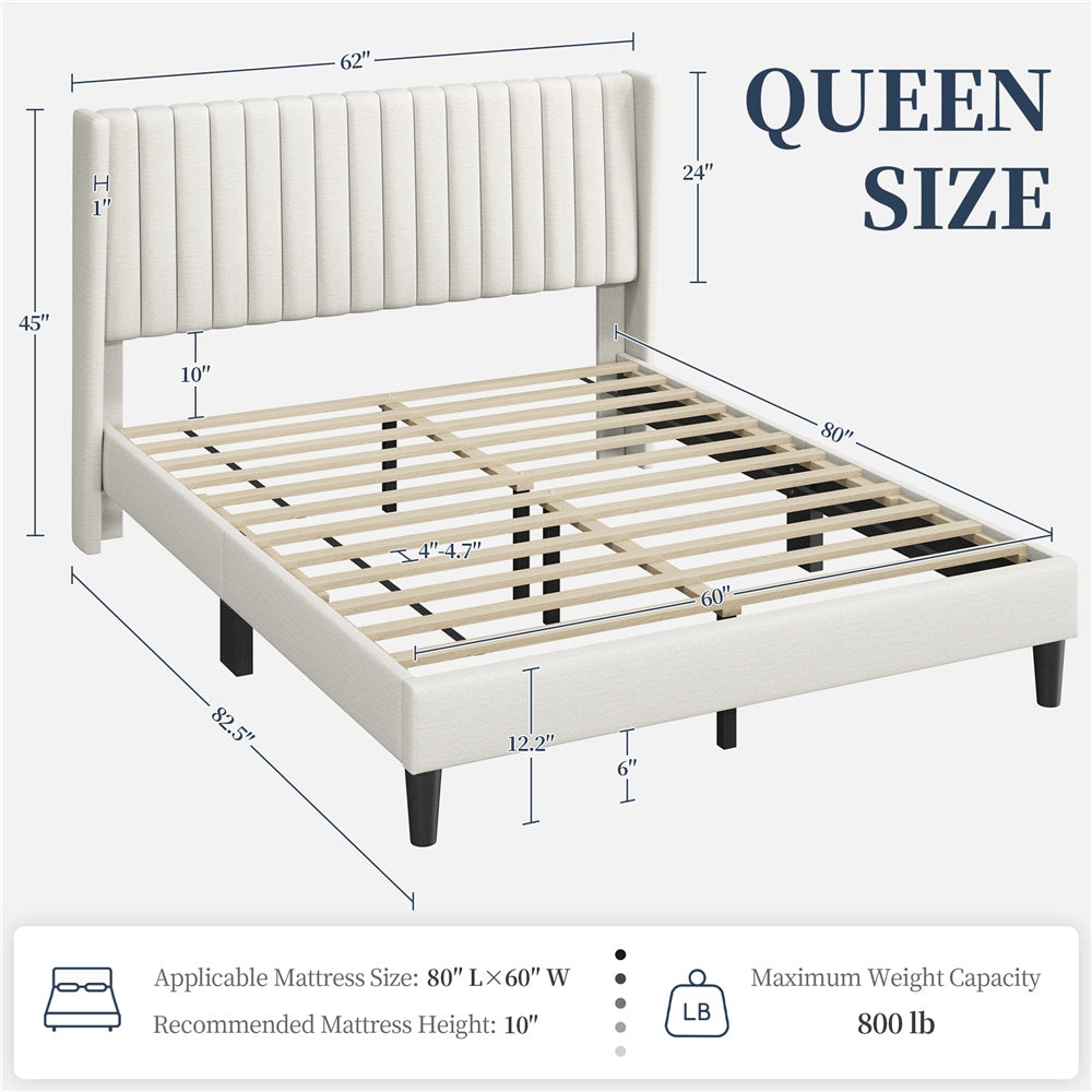 Costoffs Upholstered Bed Frame Full/Queen/King Size, Winged Headboard, Non-Slip, Noiseless, Wooden Slats, Bedroom Furniture, Easy Setup, No Box Spring Required, Installation Guide Included
