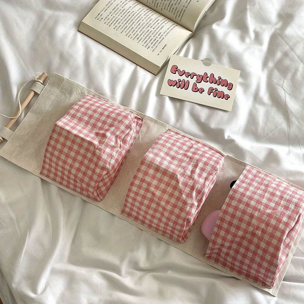 1pc Large Capacity Pink Plaid Hanging Storage Bag - Multifunctional, Waterproof, Breathable Fabric Organizer with Multiple Compartments for Home Organization, Clothes Organizer Storage