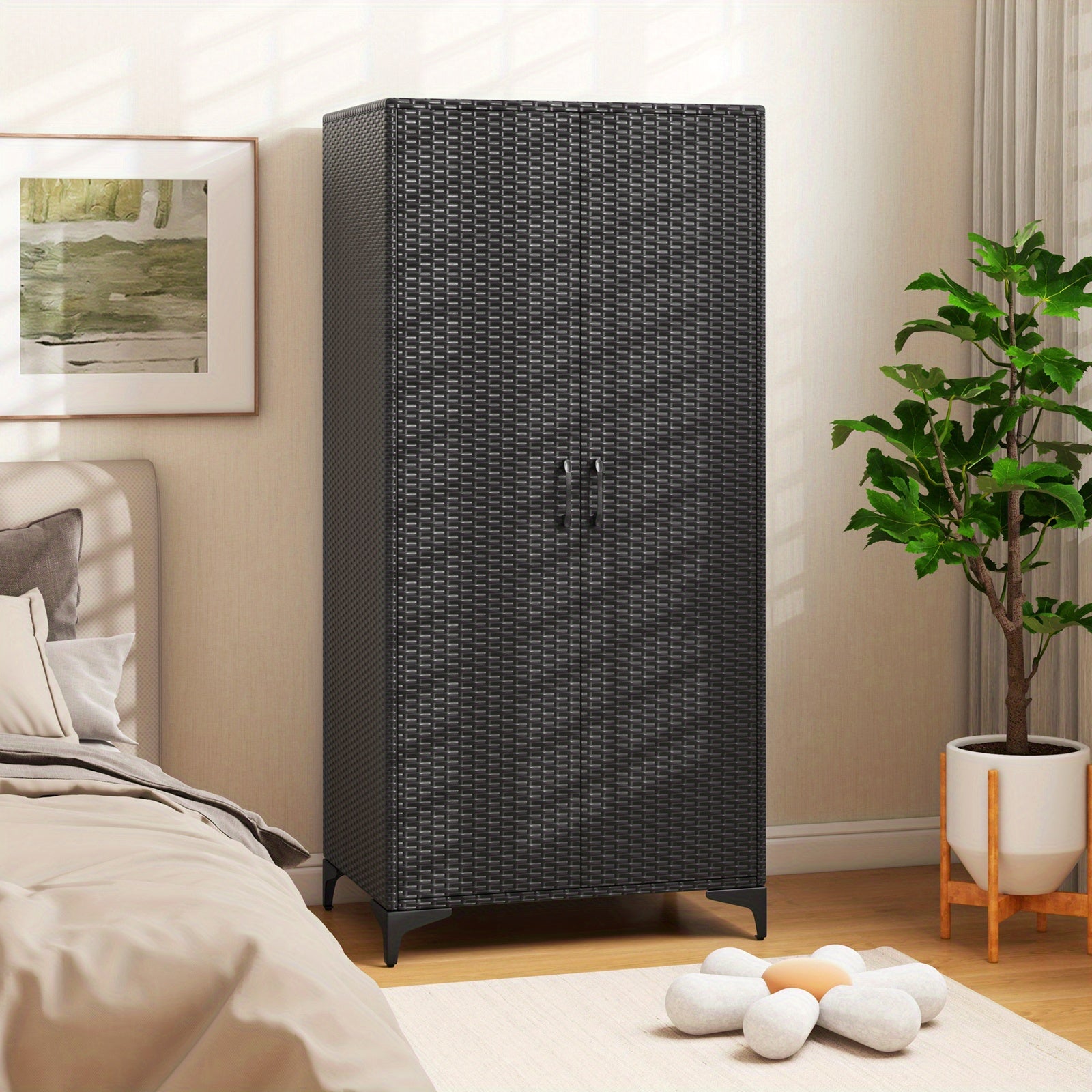 GYMAX 62" Black Wicker Wardrobe with 2 Doors, PE Rattan Armoire Closet on Sturdy Metal Frame - Includes Hanging Rod & 4 Storage Cubes, Ideal for Bedroom, Patio, Garage - Elegant, Durable & Versatile Organizer, Portable Closet