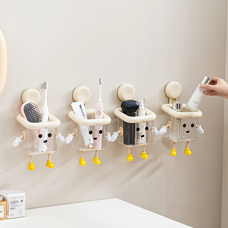 DIY Creative Cute Toothbrush Holder, Wall-Mounted No-Drill Suction Cup for Home Use, Bathroom Toothpaste Toothbrush Electric Toothbrush Cosmetic Organizer, Razor Makeup Brush Hanging Storage, High-End Multifunctional Transpar