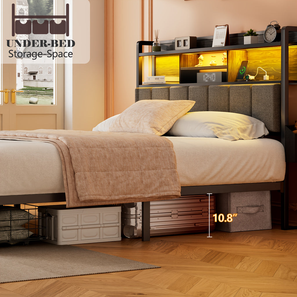 1pc Queen Bed Frame with RGB LED Lighting & Dual USB Ports - Heavy-Duty Platform Bed with 11.8" Deep Storage Drawers, Under-Bed Organization - Modern Bedroom Furniture for Space-Saving Homes - Compatible with US Outlets (125V