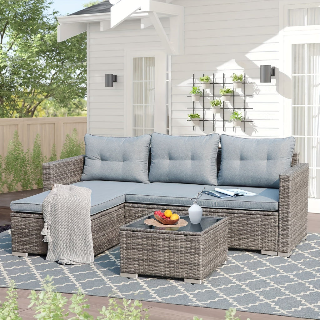 All-Weather Wicker Patio Furniture Set - Includes Sectional Sofa, Chaise Lounge & Glass Coffee Table | Durable Rattan with Metal Frame for Deck, Balcony, Porch | Grey
