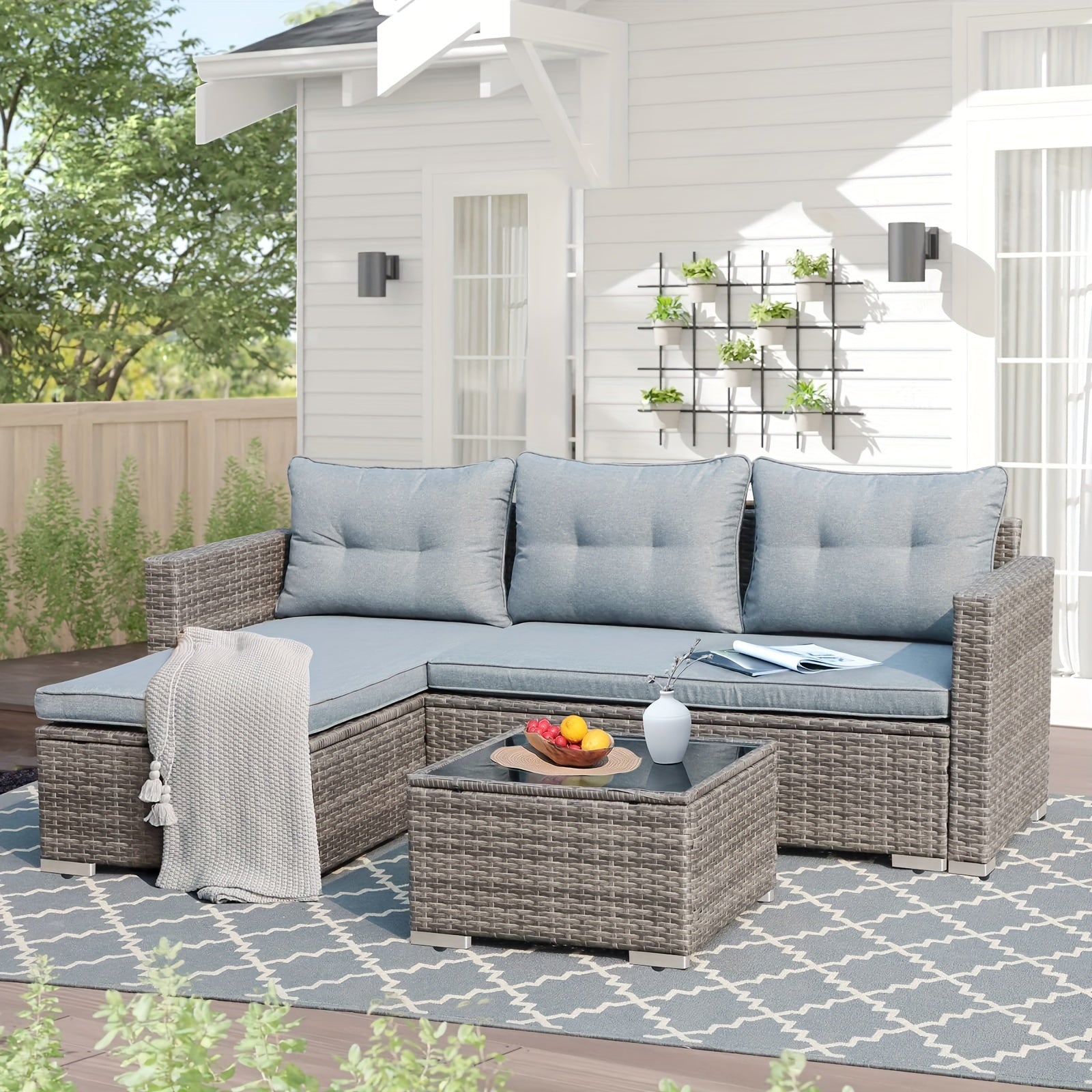 All-Weather Wicker Patio Furniture Set - Includes Sectional Sofa, Chaise Lounge & Glass Coffee Table | Durable Rattan with Metal Frame for Deck, Balcony, Porch | Grey