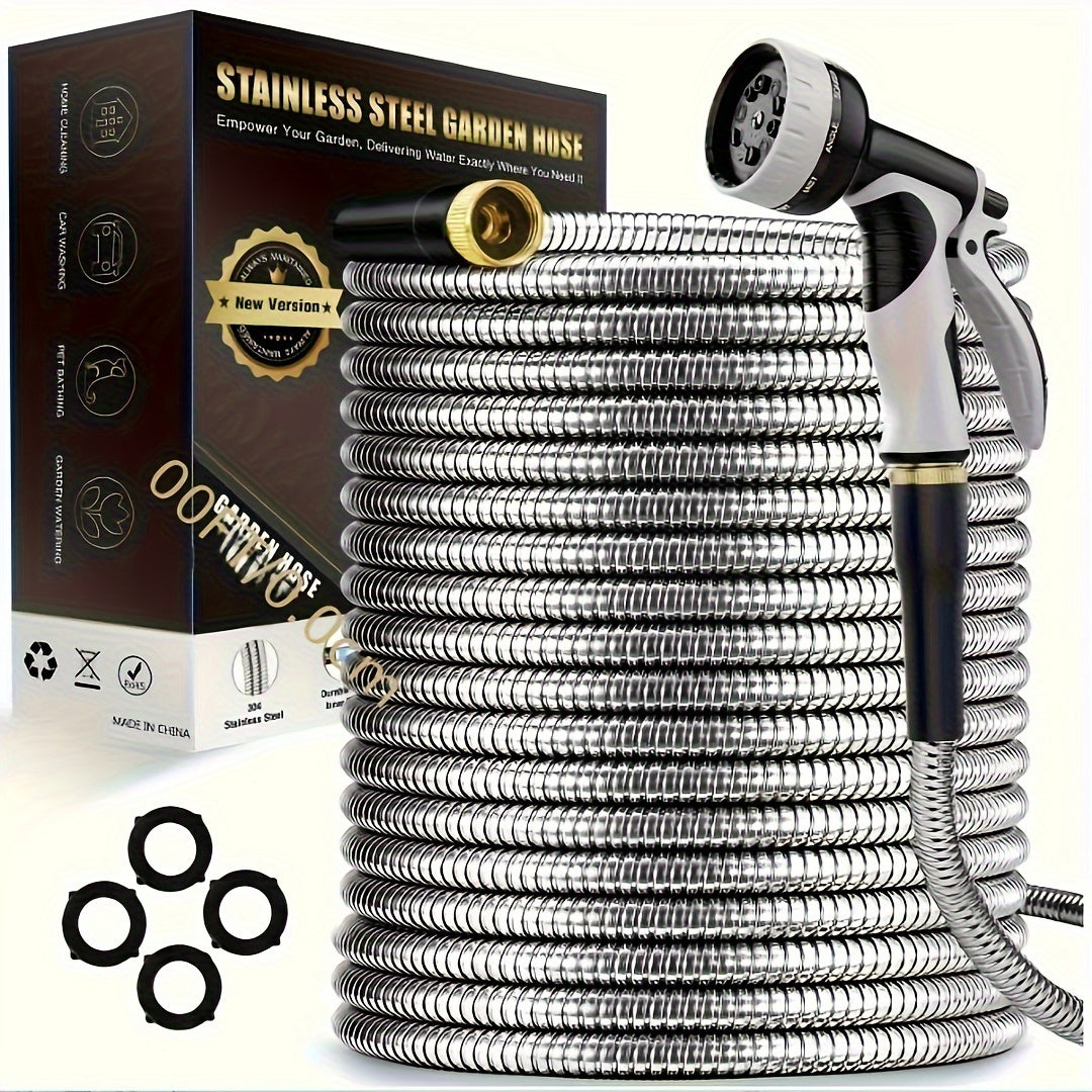100ft Heavy-Duty Stainless Steel Garden Hose - Flexible, Puncture-Resistant & Rustproof with 10 Multi-Function Nozzles for Easy Watering | Tangle-Free Design for Easy Storage, Garden Hose Nozzle, Ultra-Flexible, Kink-Free, Ma