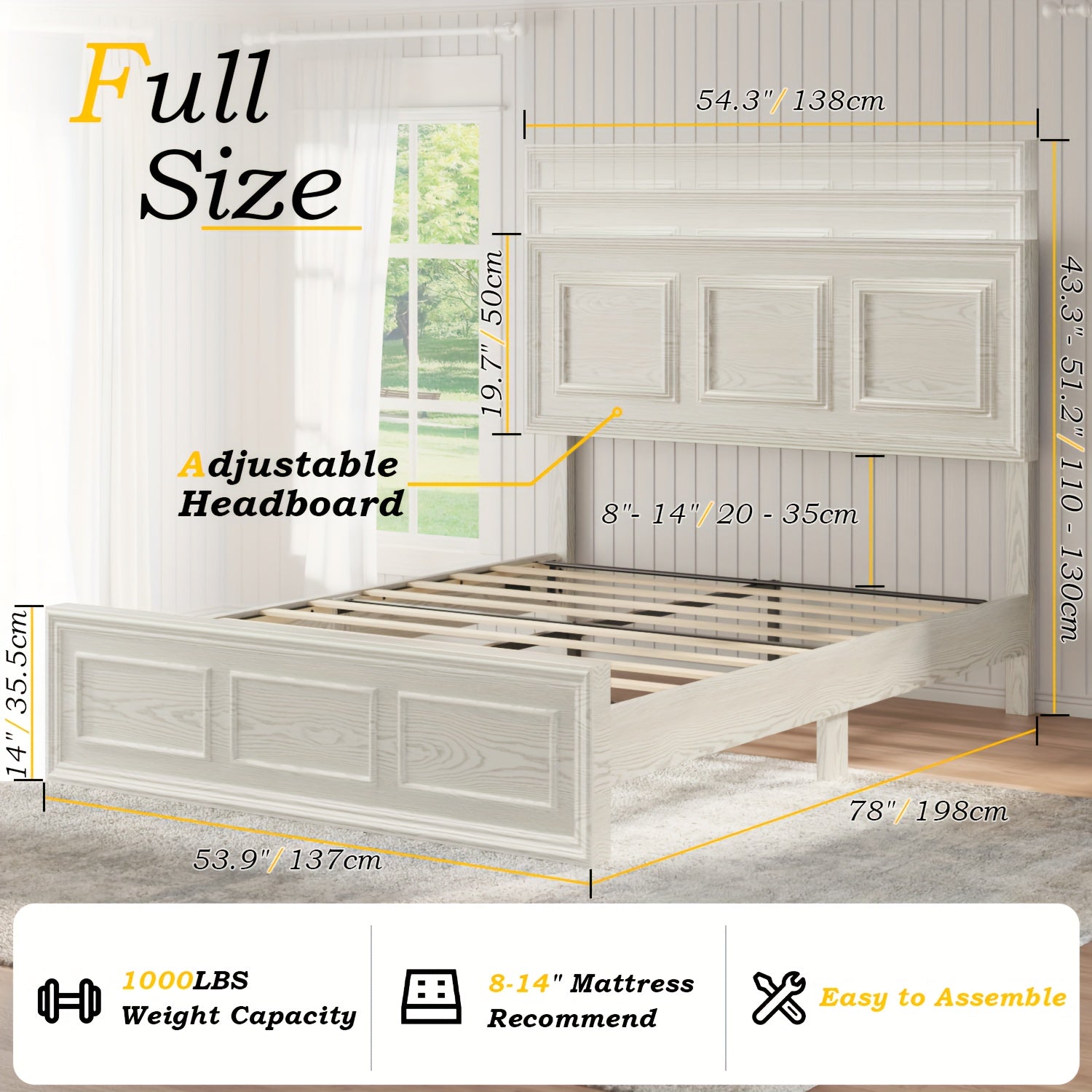 Full Queen Platform Bed Frame with Headboard, Farmhouse Style, Height Adjustable, Brown Oak Finish, USB Charging Port, Metal Frame, Easy Assembly, Modern Bedroom Furniture