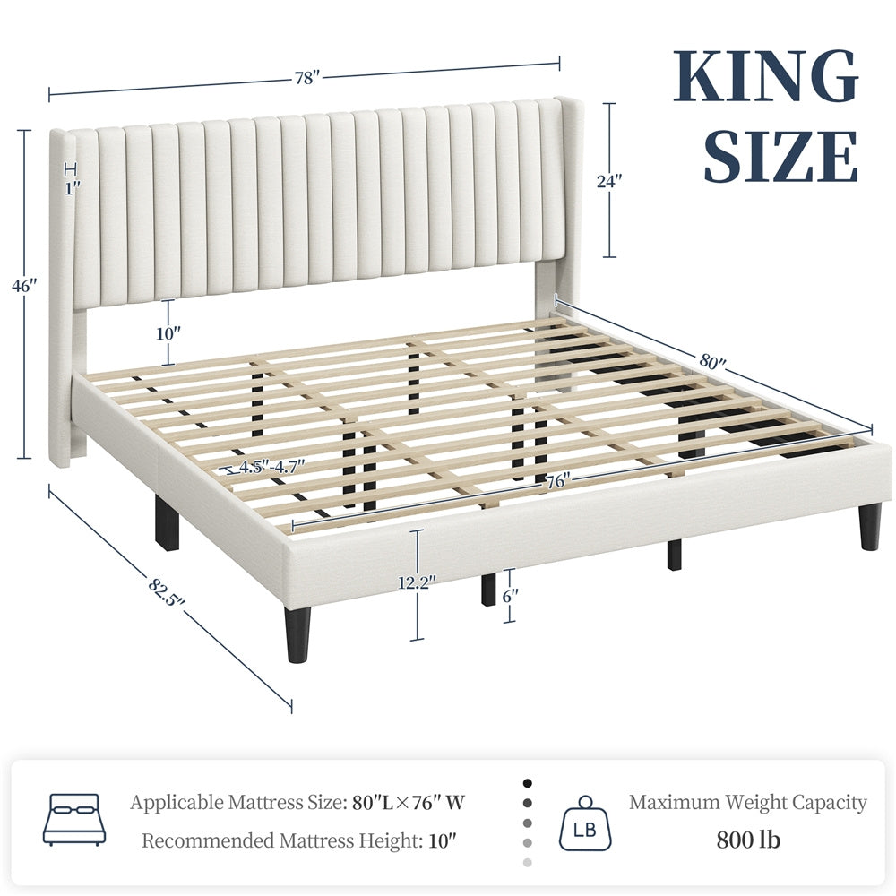 Costoffs Upholstered Bed Frame Full/Queen/King Size, Winged Headboard, Non-Slip, Noiseless, Wooden Slats, Bedroom Furniture, Easy Setup, No Box Spring Required, Installation Guide Included