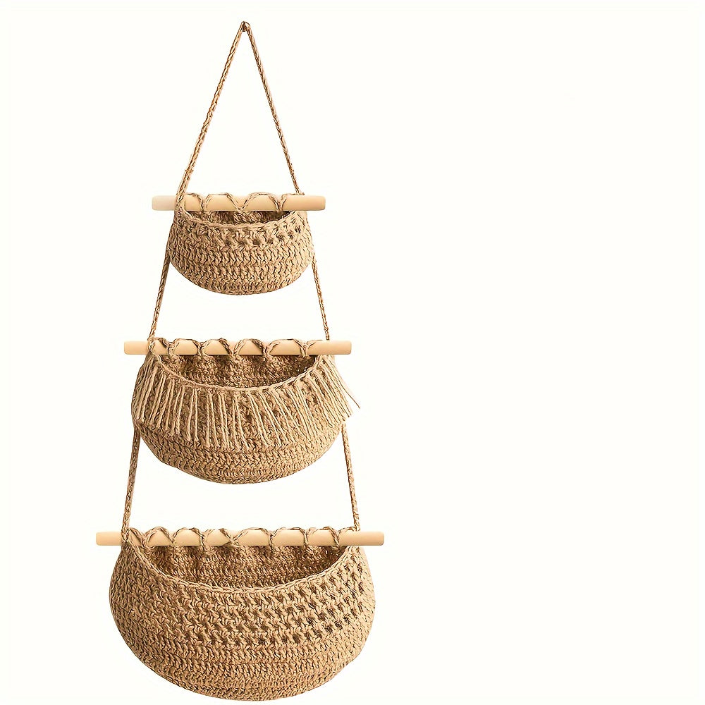 Easy to Install 3-Tier Wall Hanging Storage Basket - Handwoven Rope, Versatile and Space-Saving Organizer for Fruits, Vegetables & More - Boho Chic Home Decor