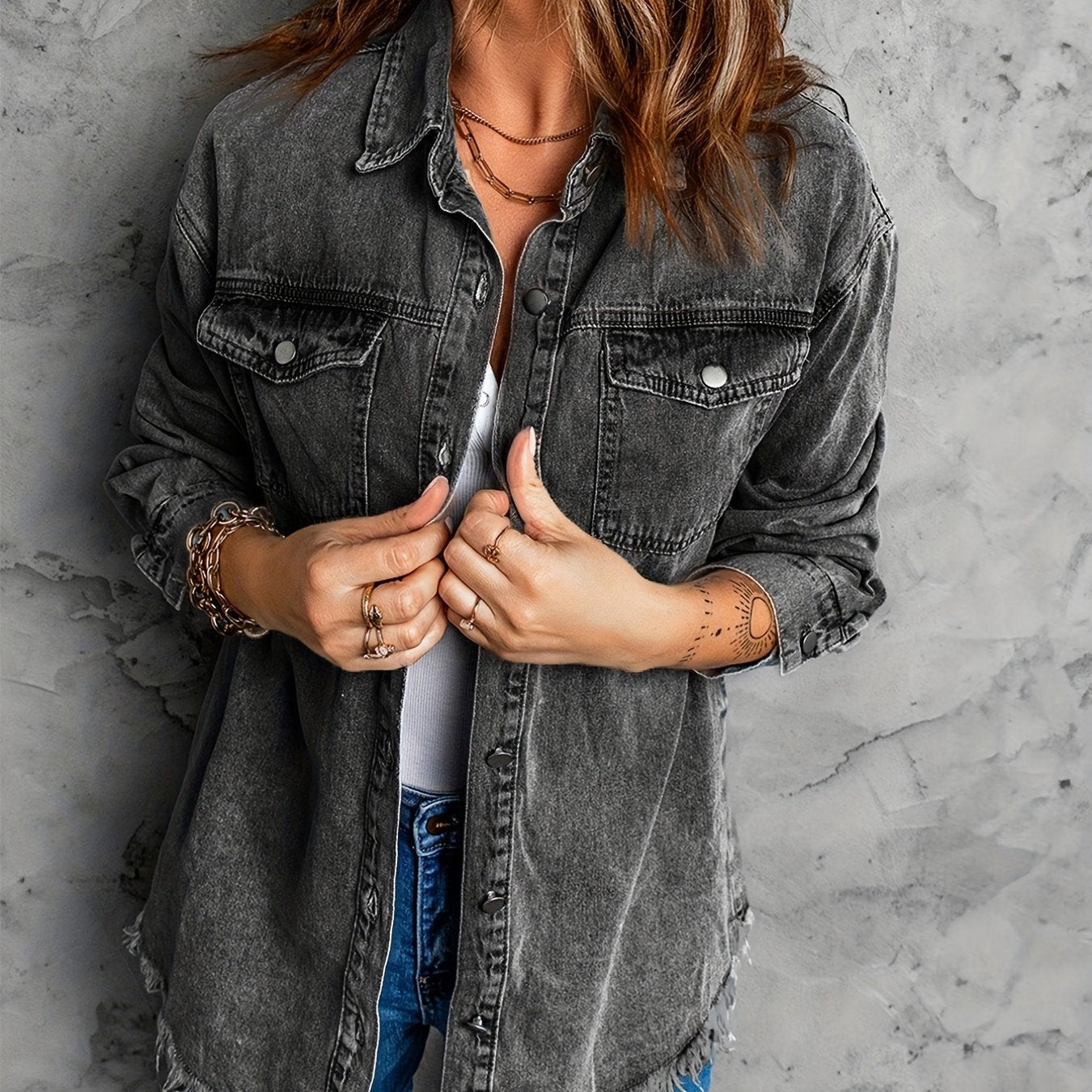 Frayed Hem Long Denim Jackets, Loose Fit Long Sleeves Versatile Lapel Denim Coats, Women's Denim Clothing