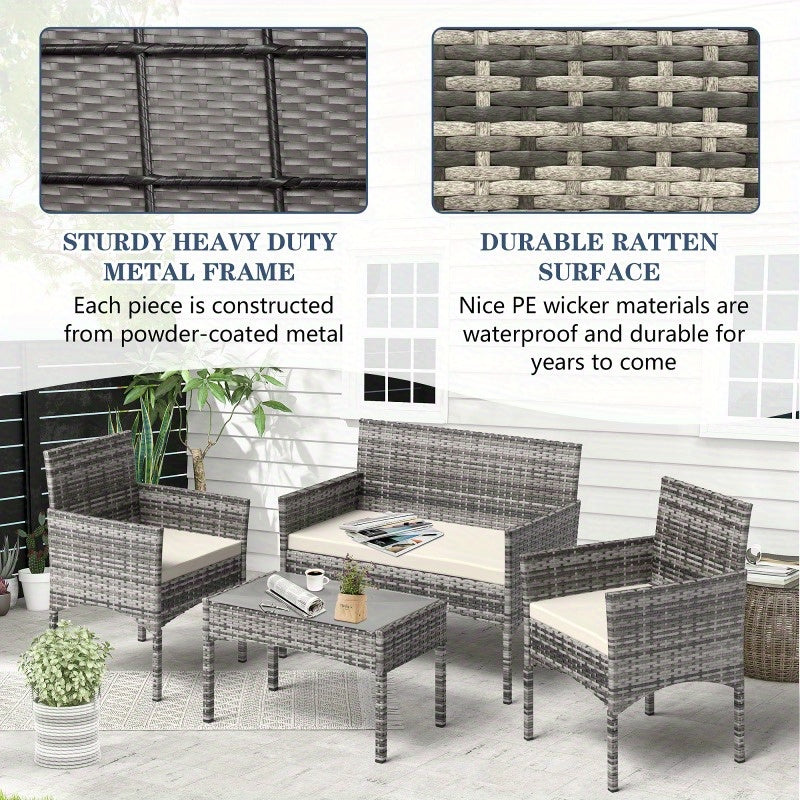4pcs Patio Conversation Set, Outdoor Wicker Rattan Patio Furniture Set with Cushion and Table for Lawn Backyard, Garden, Balcony, Porch and Poolside