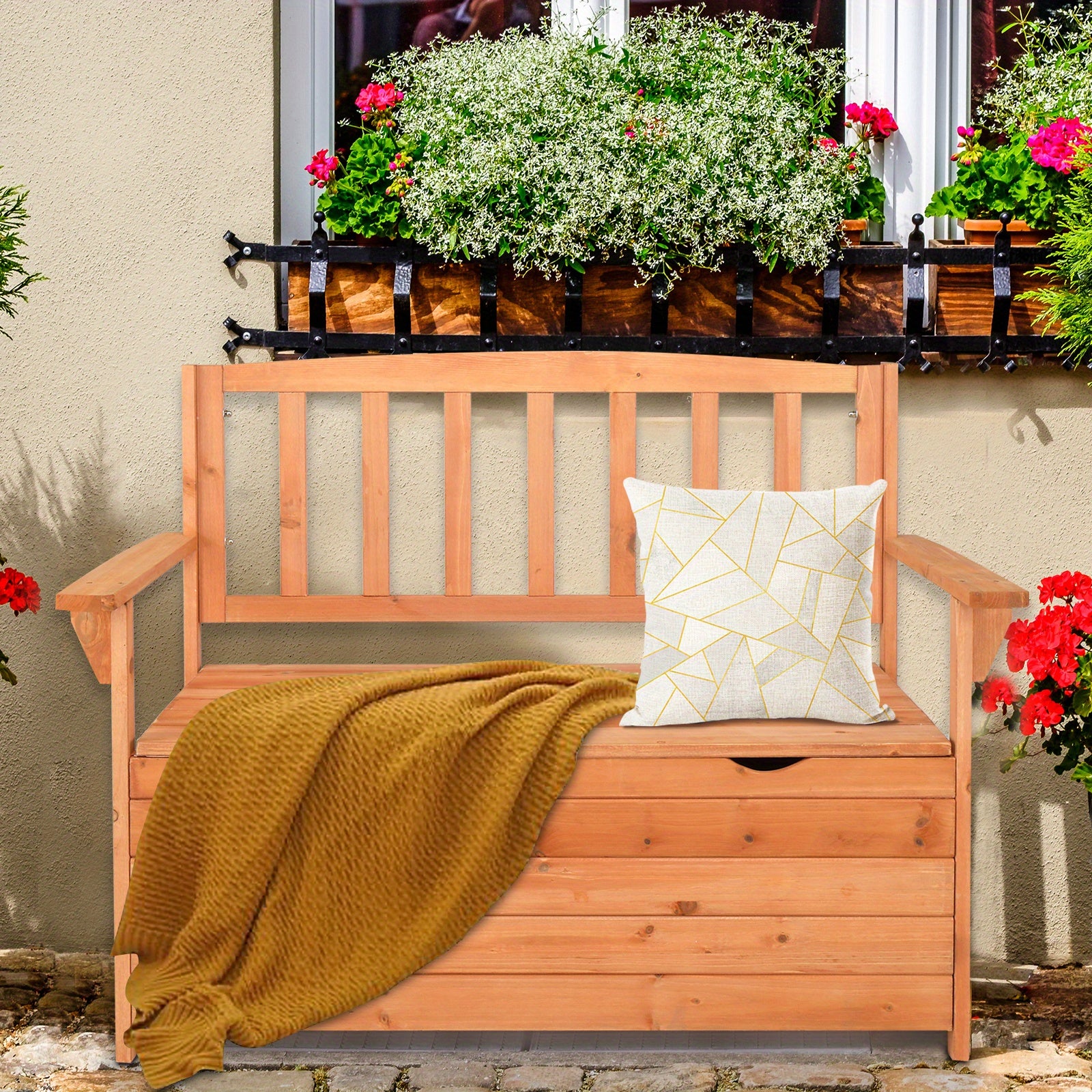 Extra Large 44" Solid Wood Storage Ottoman with Backrest & Armrests - Heavy-Duty 440lb Weight Capacity, High Quality Cover Compatible, Multi-Functional Patio Garden Furniture, Sturdy Construction for Deck, Backyard, or Poolsi