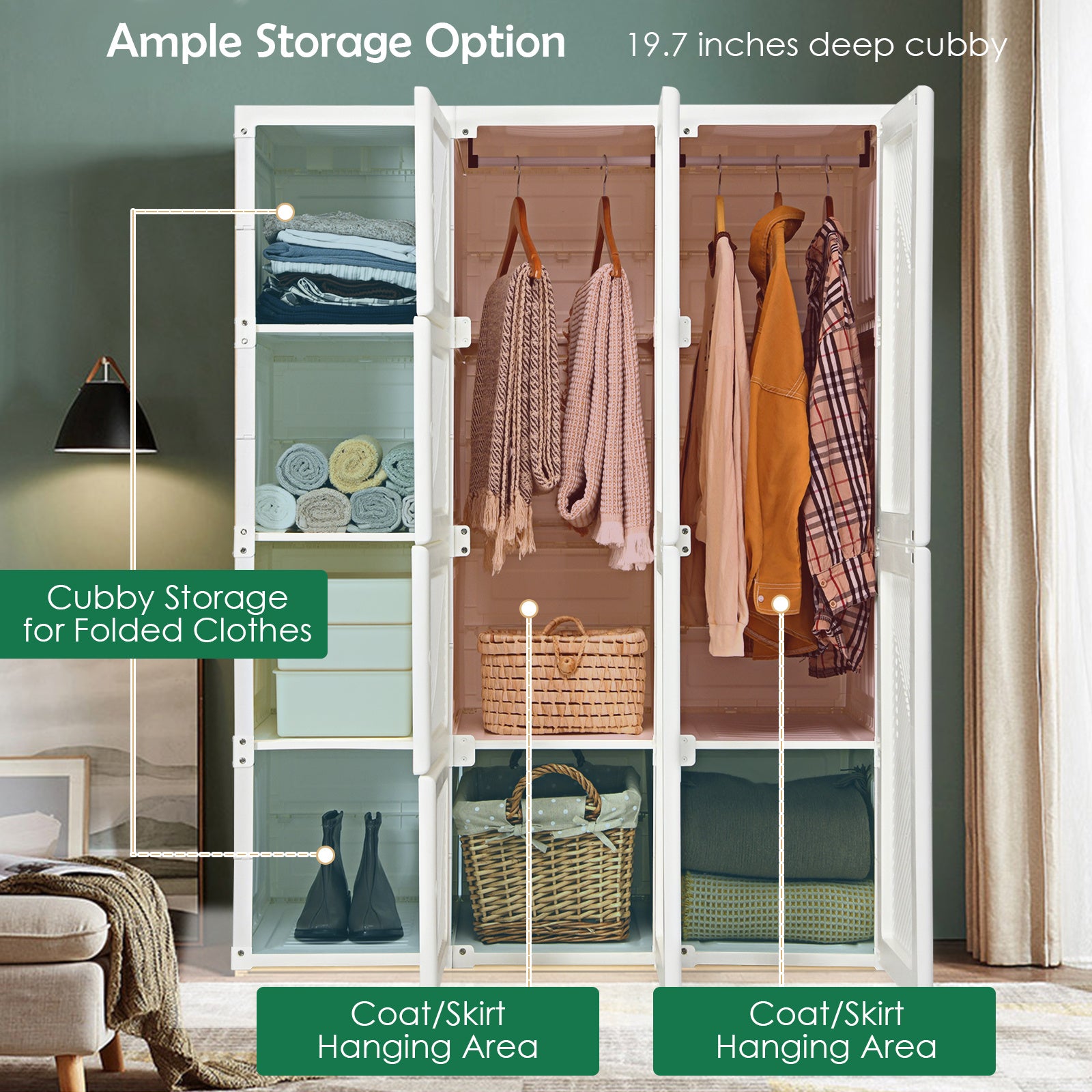 GYMAX Portable Wardrobe Closet, Foldable Closet Clothes Organizer w/ Cubby Storage, Hanging Rods, Magnet Doors, Odorless Material, Stable Structure, Easy Assemble, Folding Bedroom Armoire for Locker Room, Living Room