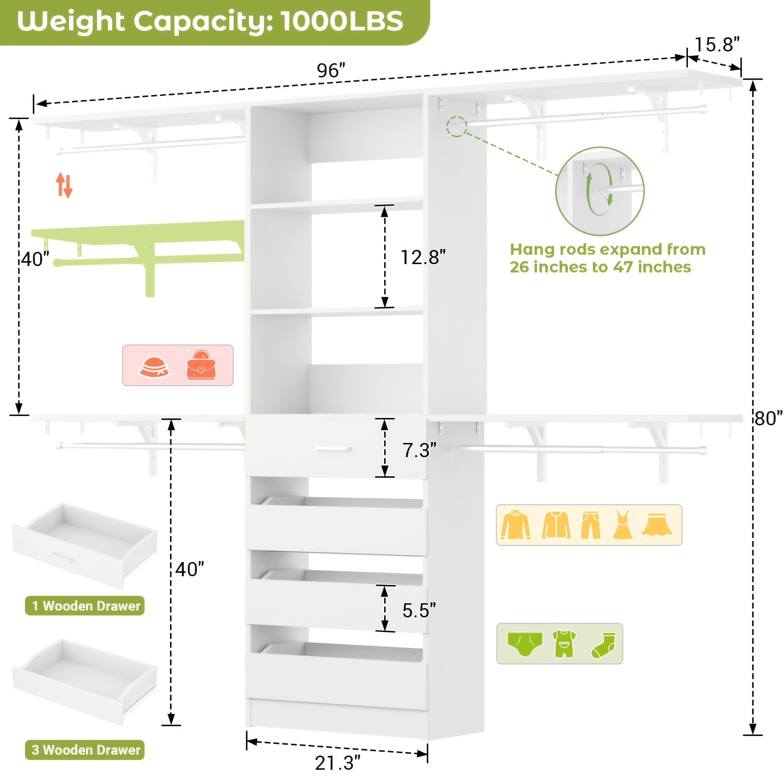Closet System, 8ft Wood Closet Organizer And Storage System with 4 Drawers, Closet Organizer System, 96'' Walk-in Wardrobe Closet Unit, Closet Clothes Rack with 4 Hanging Rods, Shelves, Adjustable Garment Rack, Cut Fits Space