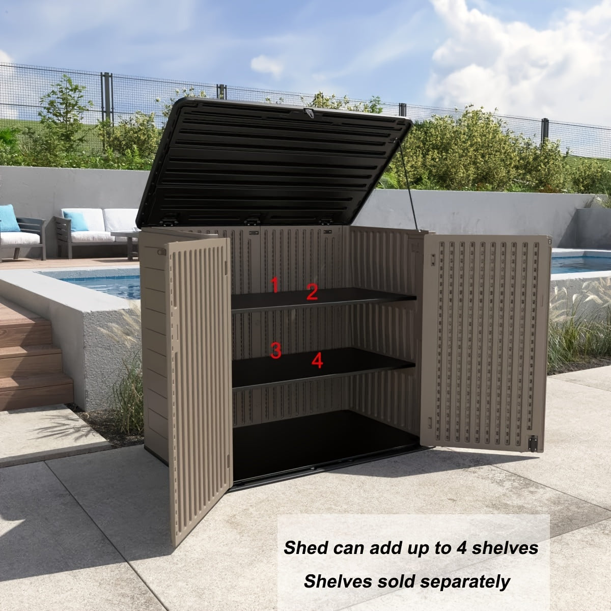 European-style Double-layer Resin Outdoor Storage Shed with Lockable Waterproof Storage Boxes. Ideal for Organizing Patio Furniture, Gardening Tools, Pool Equipment, The Perfect Holiday Gift for Christmas And Thanksgiving