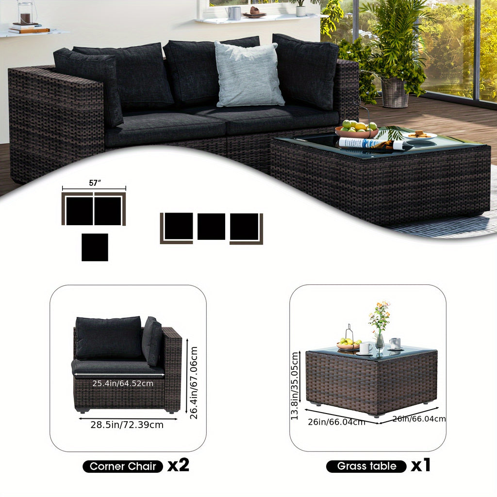 3 Pieces Patio Furniture Set, PE Rattan Wicker 3 Pcs Outdoor Sofa Set W/Washable Cushion And Tempered Glass Coffee Table, Conversation Furniture For Garden Poolside Balcony