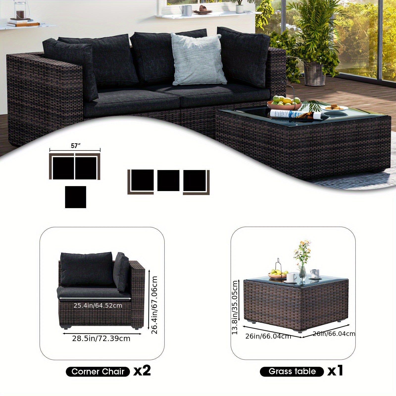 3 Pieces Patio Furniture Set, PE Rattan Wicker 3 Pcs Outdoor Sofa Set W/Washable Cushion And Tempered Glass Coffee Table, Conversation Furniture For Garden Poolside Balcony