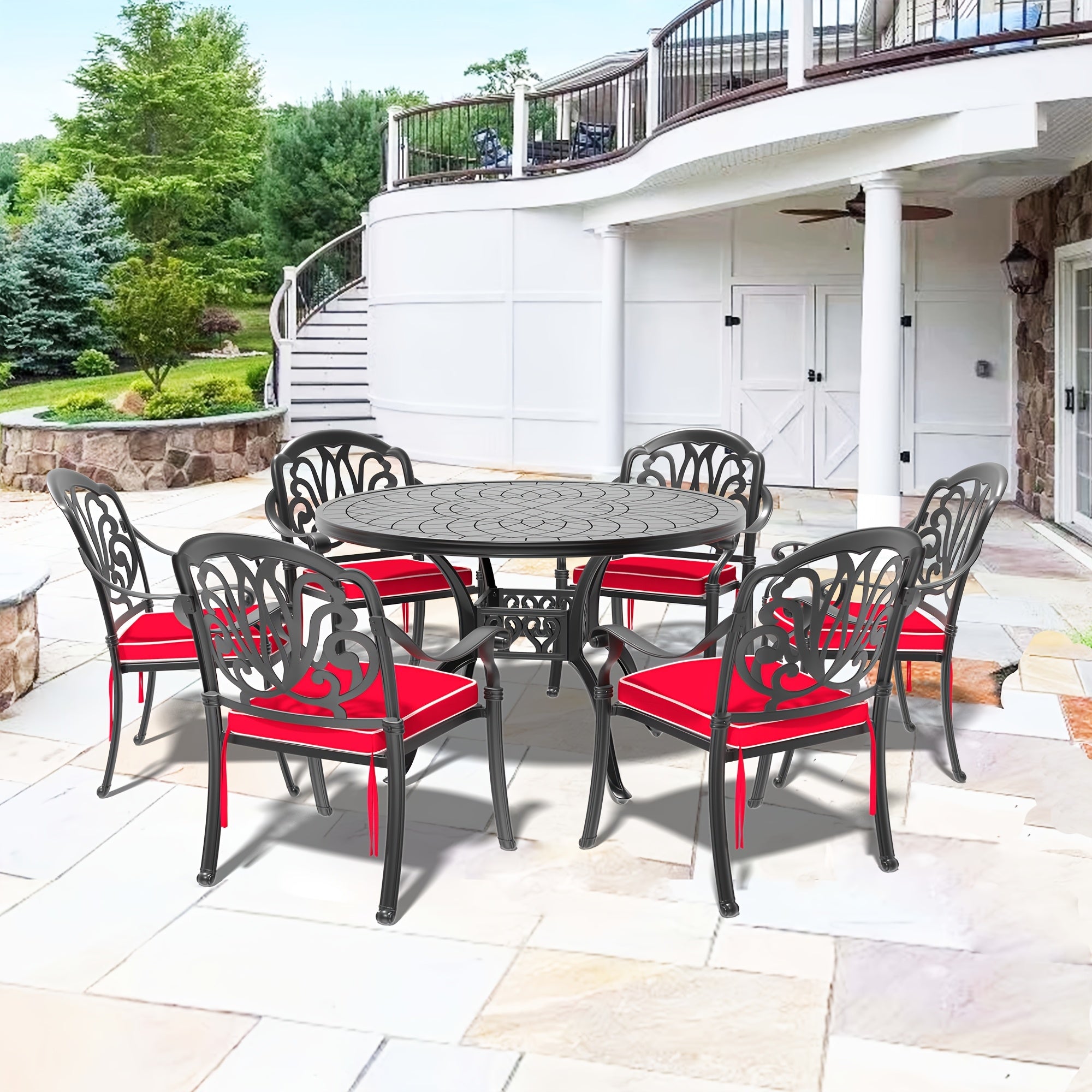 7pcs 47.24 -inch Round Table Cast Aluminum Outdoor Dining Set with Random Color Cushions, Dining Table, Backyard Seating, Patio Furniture, Sleek Design, Contemporary Patio, Sturdy Construction, Durable Metal, Cushioned Seatin