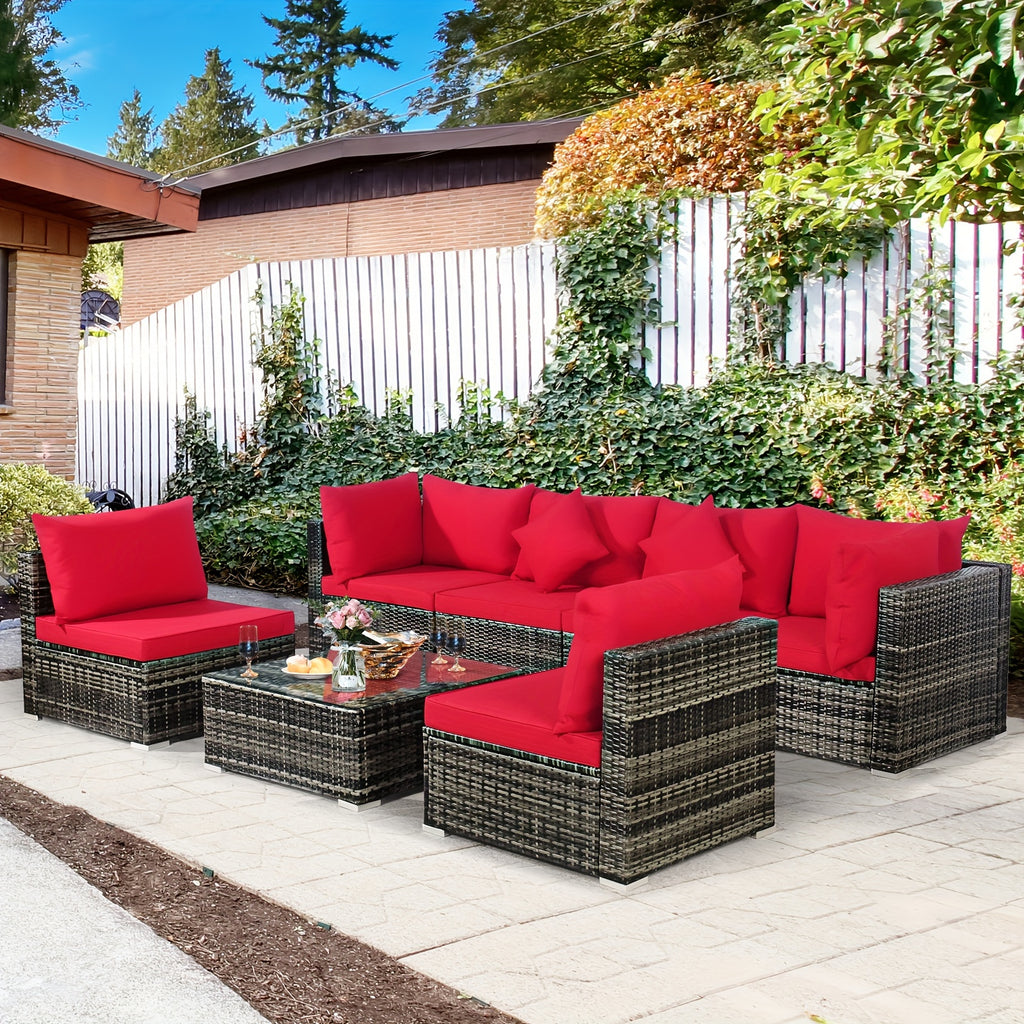 7pcs Outdoor Patio Furniture Set with Red Cushions - Wicker Sectional Sofa, Coffee Table, and Pillows - All-Weather PE Rattan & Anti-Rust Steel Frame for Garden Leisure, Patio Furniture Outdoor