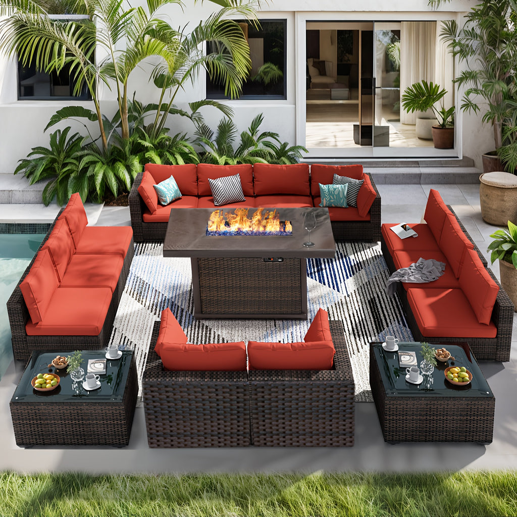 15pcs Patio Furniture Sectional Sofa 50000 BTU Propane Gas Fire Pit Table, Outdoor PE Rattan Patio Conversation Set with Glass Coffee Tables And Cushions for Garden, Poolside, Backyard, Patio Table And Chair Set, Outdoor Pati