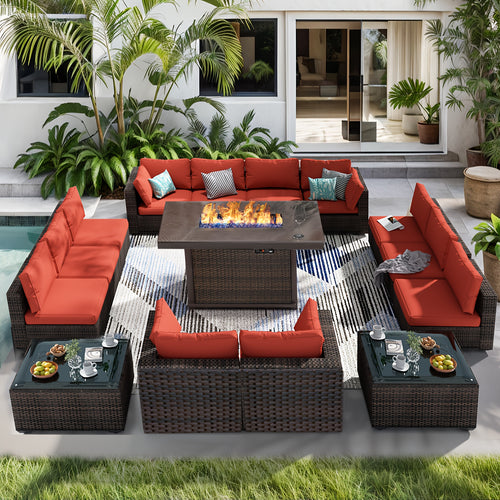 15pcs Patio Furniture Sectional Sofa 50000 BTU Propane Gas Fire Pit Table, Outdoor PE Rattan Patio Conversation Set with Glass Coffee Tables And Cushions for Garden, Poolside, Backyard, Patio Table And Chair Set, Outdoor Pati