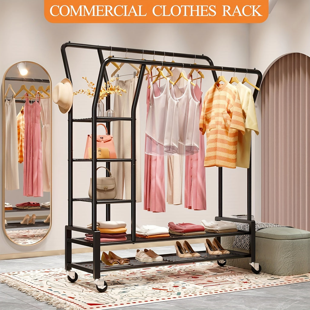 Clothes Rack, Clothing Rack Double Rod Garment Rack Clothing Racks for Hanging Clothes 255LBS Heavy Duty Clothes Rack with Wheels Metal Rolling Closet Rack Laundry Storage Organization