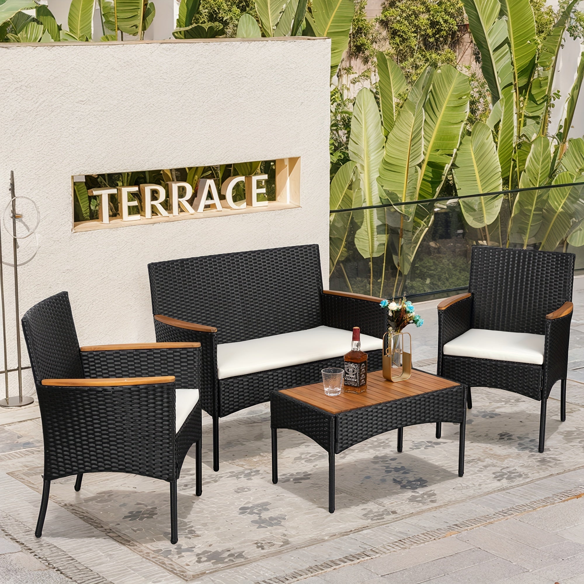 Celebalcony 4pcs Patio Furniture Set, Outdoor Wicker Patio Conversation Furniture Set with Cushion