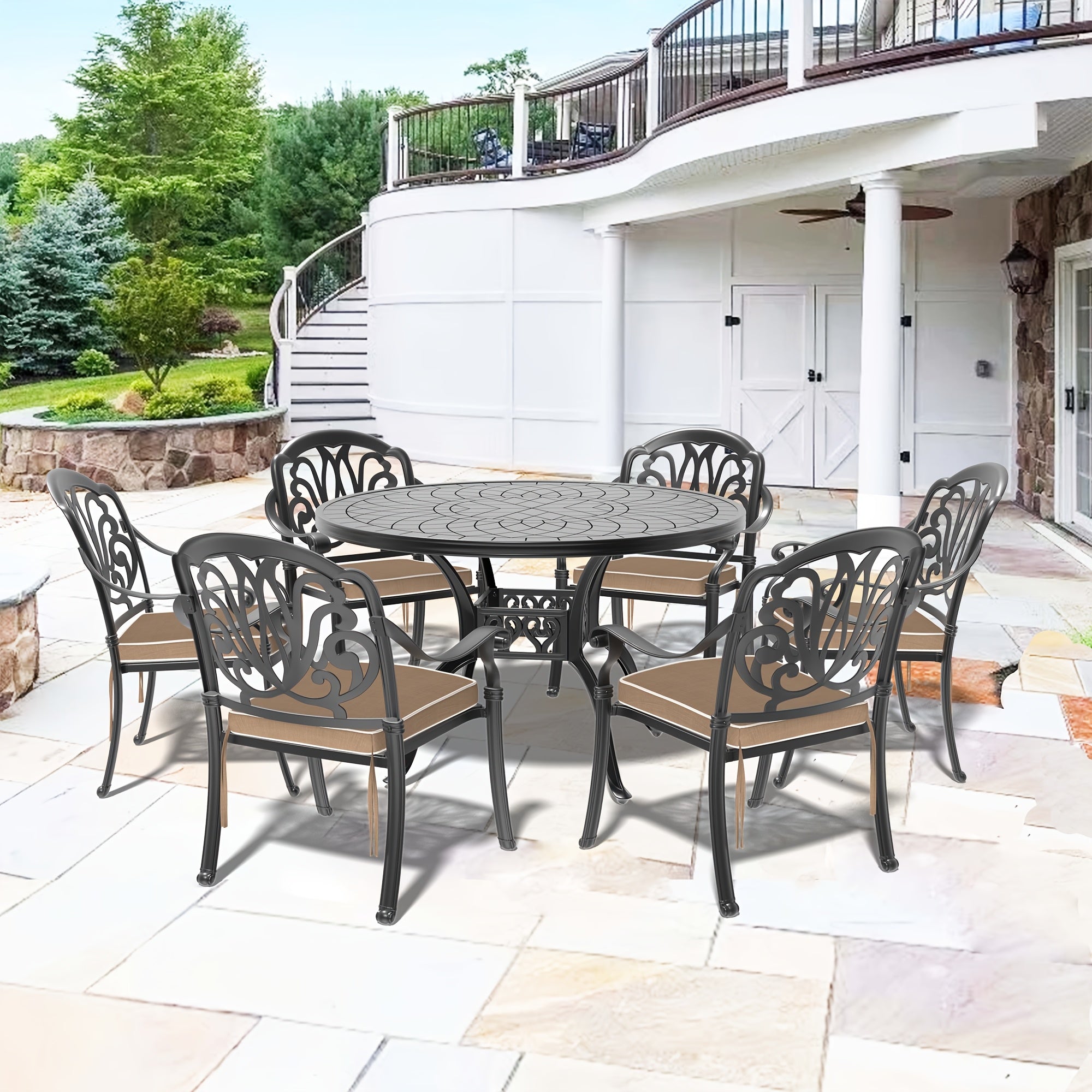 7pcs 47.24 -inch Round Table Cast Aluminum Outdoor Dining Set with Random Color Cushions, Dining Table, Backyard Seating, Patio Furniture, Sleek Design, Contemporary Patio, Sturdy Construction, Durable Metal, Cushioned Seatin