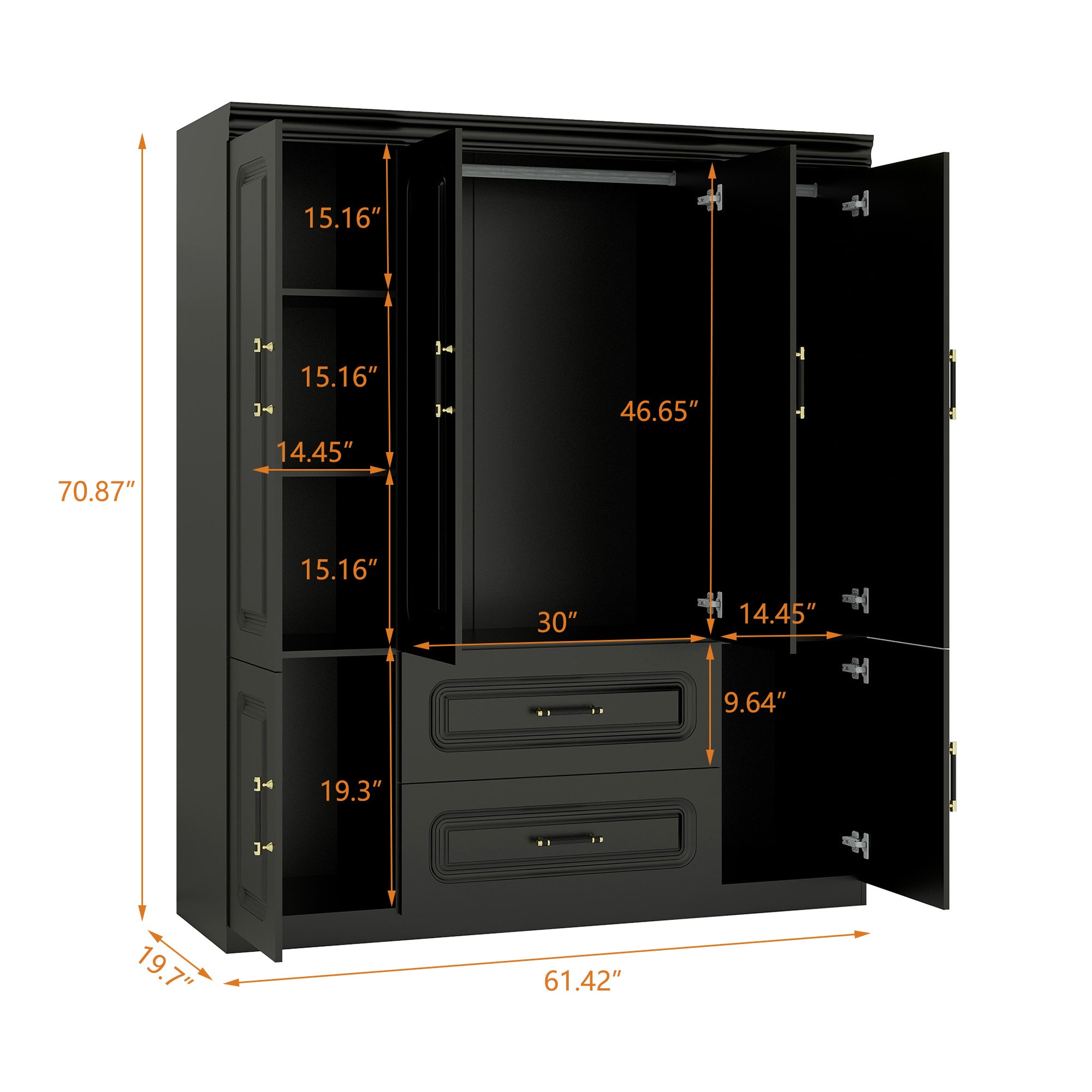 Elegant Modern Black Wooden Wardrobe Armoire with Drawer & Shelves - Waterproof, Free-Standing Closet Storage Cabinet for Bedroom, Dustproof with Golden Handles, Portable Closet, Storage Boxes for Organizing