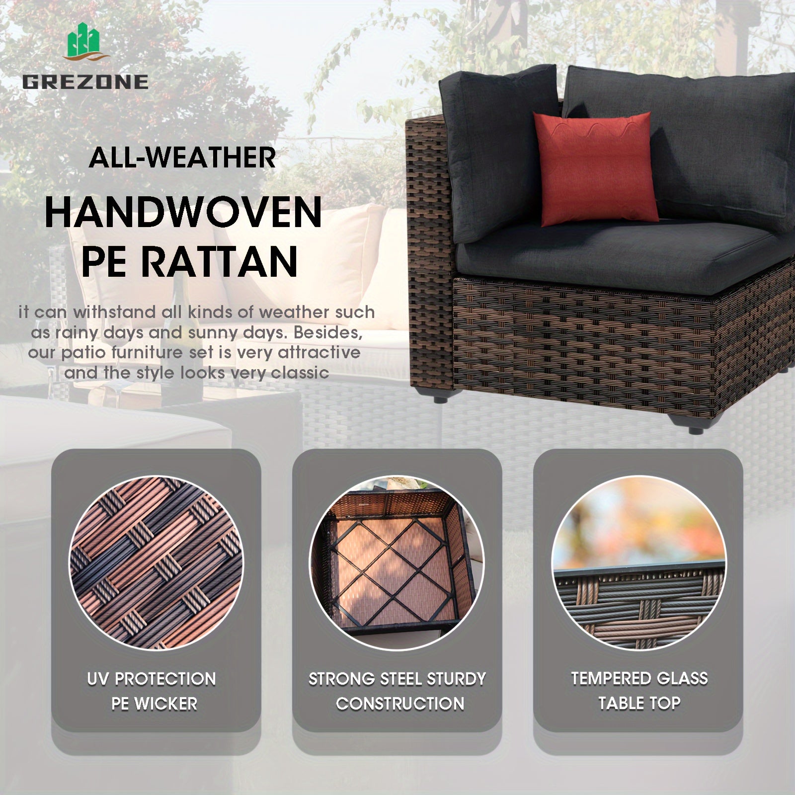7pcs Outdoor Patio Furniture Sectional Sofa Suitable for - All-Weather PE Wicker & Metal Frame Modular Conversation Set with Cushions & Glass Coffee Table, - Cushions for Garden, Lawn, Balcony, Deck, Porch (Compatible for)