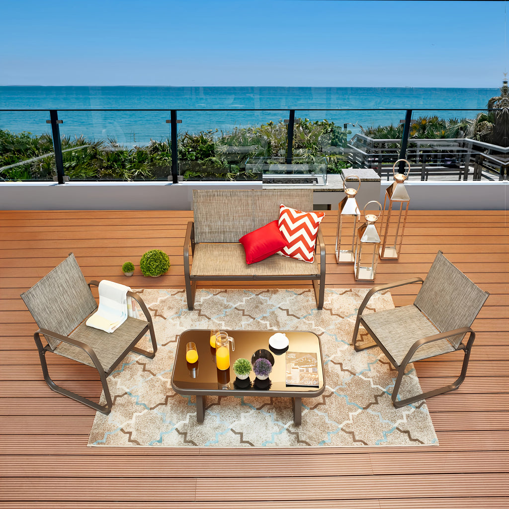 4pcs Patio Furniture Outdoor Bistro Conversation Set With Tempered Glass Coffee Table & Loveseat For Poolside, Porch, Lawn