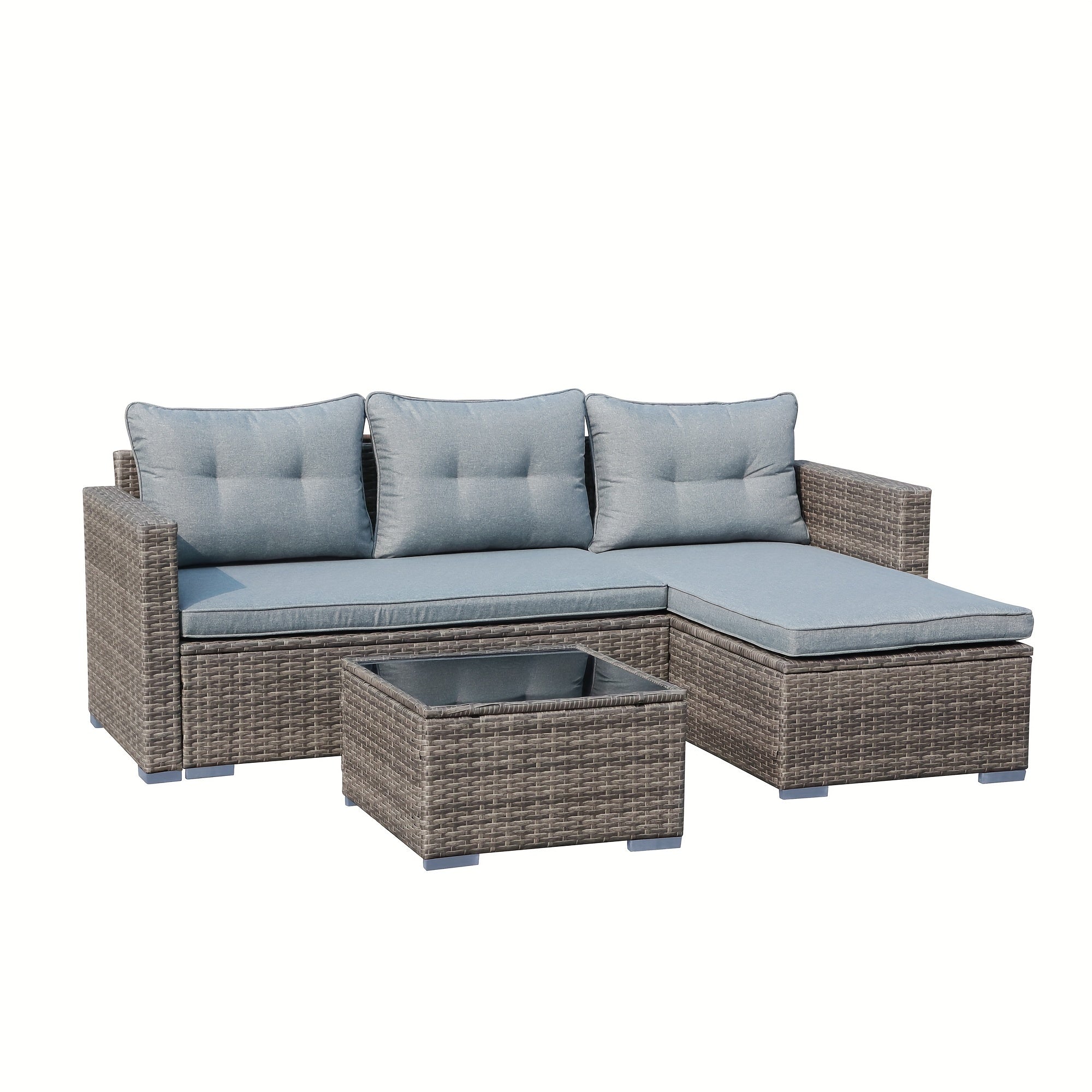 All-Weather Wicker Patio Furniture Set - Includes Sectional Sofa, Chaise Lounge & Glass Coffee Table | Durable Rattan with Metal Frame for Deck, Balcony, Porch | Grey