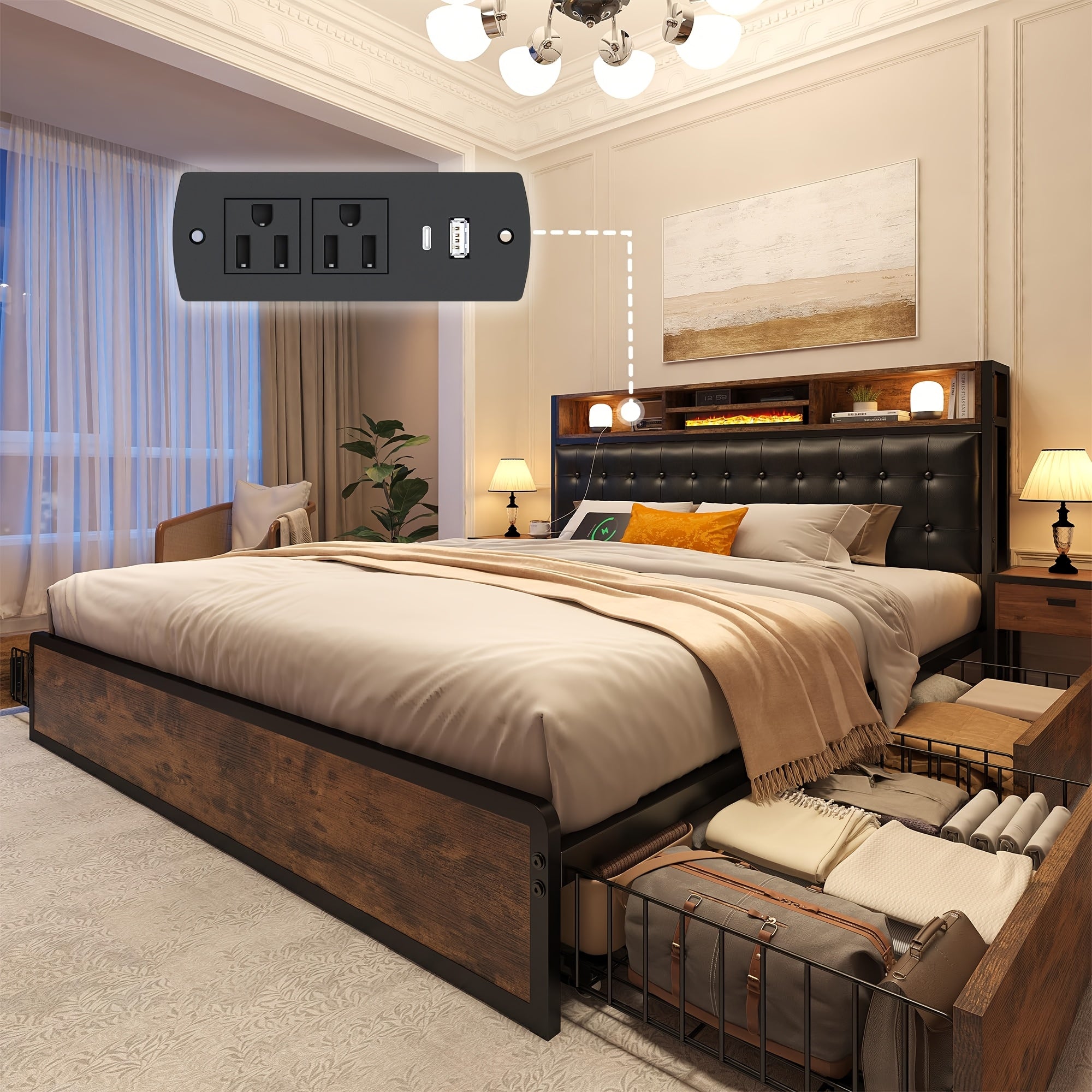 EnHome King/Queen/Full Bed Frame with 4-Tier Storage Drawers & Upholstered Headboard, Heavy-Duty Metal Support, Noise-Free Design, Charging Station (US Plug), No Box Spring Needed, Vintage Brown - Easy Assembly, Hardwood & Me