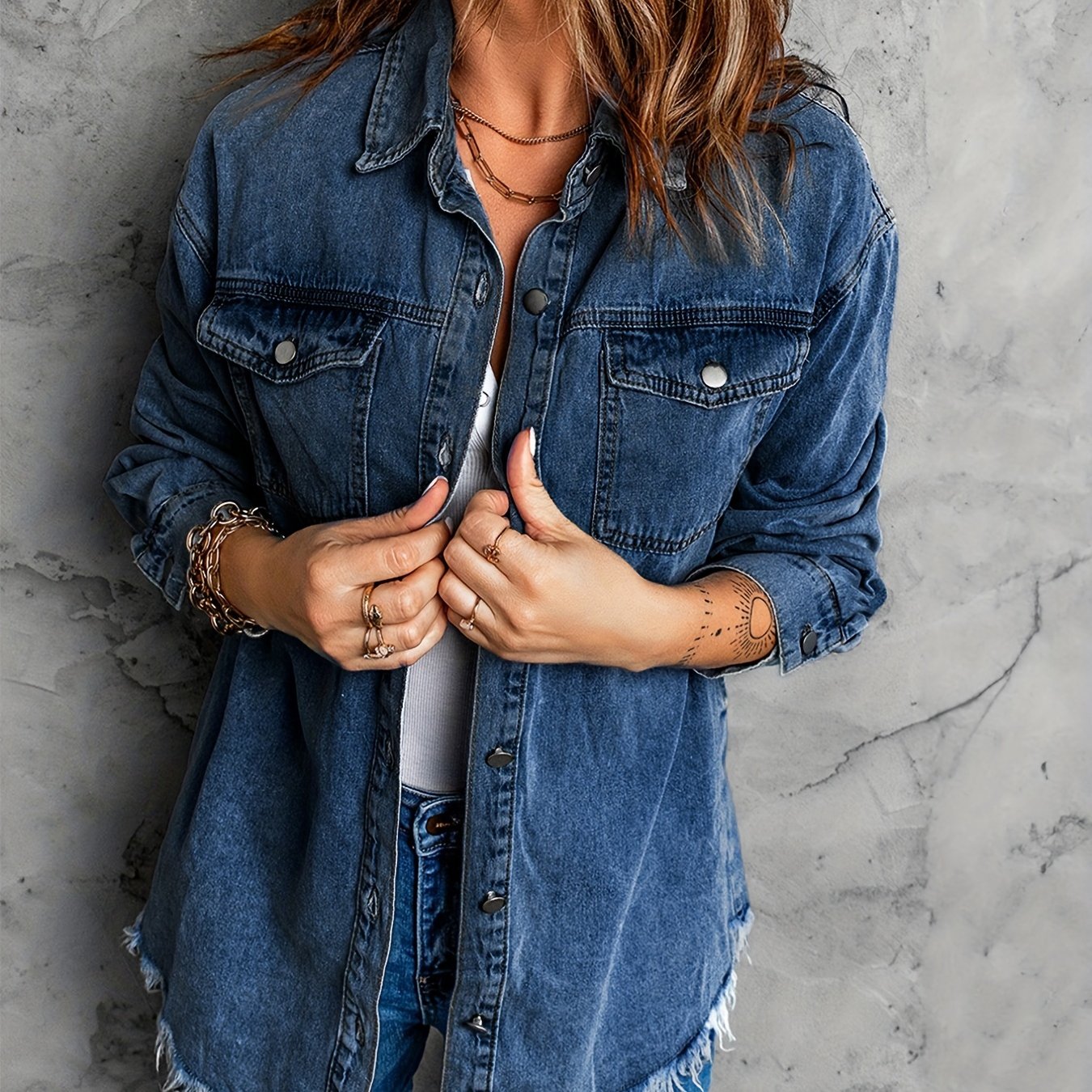 Frayed Hem Long Denim Jackets, Loose Fit Long Sleeves Versatile Lapel Denim Coats, Women's Denim Clothing