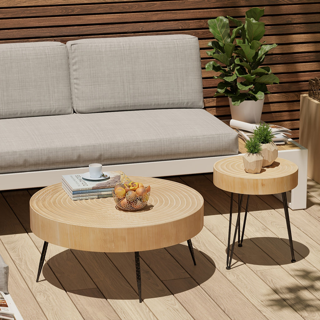 Farmhouse 2pcs Modern Coffee Table Set, Nesting Table Round Natural Finish with Handcrafted Wood Ring Motif, Patio Furniture, Garden Decor, Rustic Design, Farmhouse Style, Durable Wood, Solid Build, Accent Tables, Side Tables