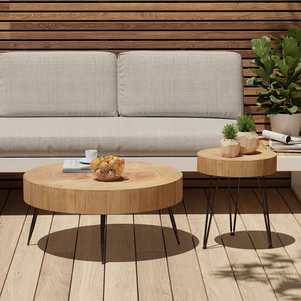 Farmhouse 2pcs Modern Coffee Table Set, Nesting Table Round Natural Finish with Handcrafted Wood Ring Motif, Patio Furniture, Garden Decor, Rustic Design, Farmhouse Style, Durable Wood, Solid Build, Accent Tables, Side Tables