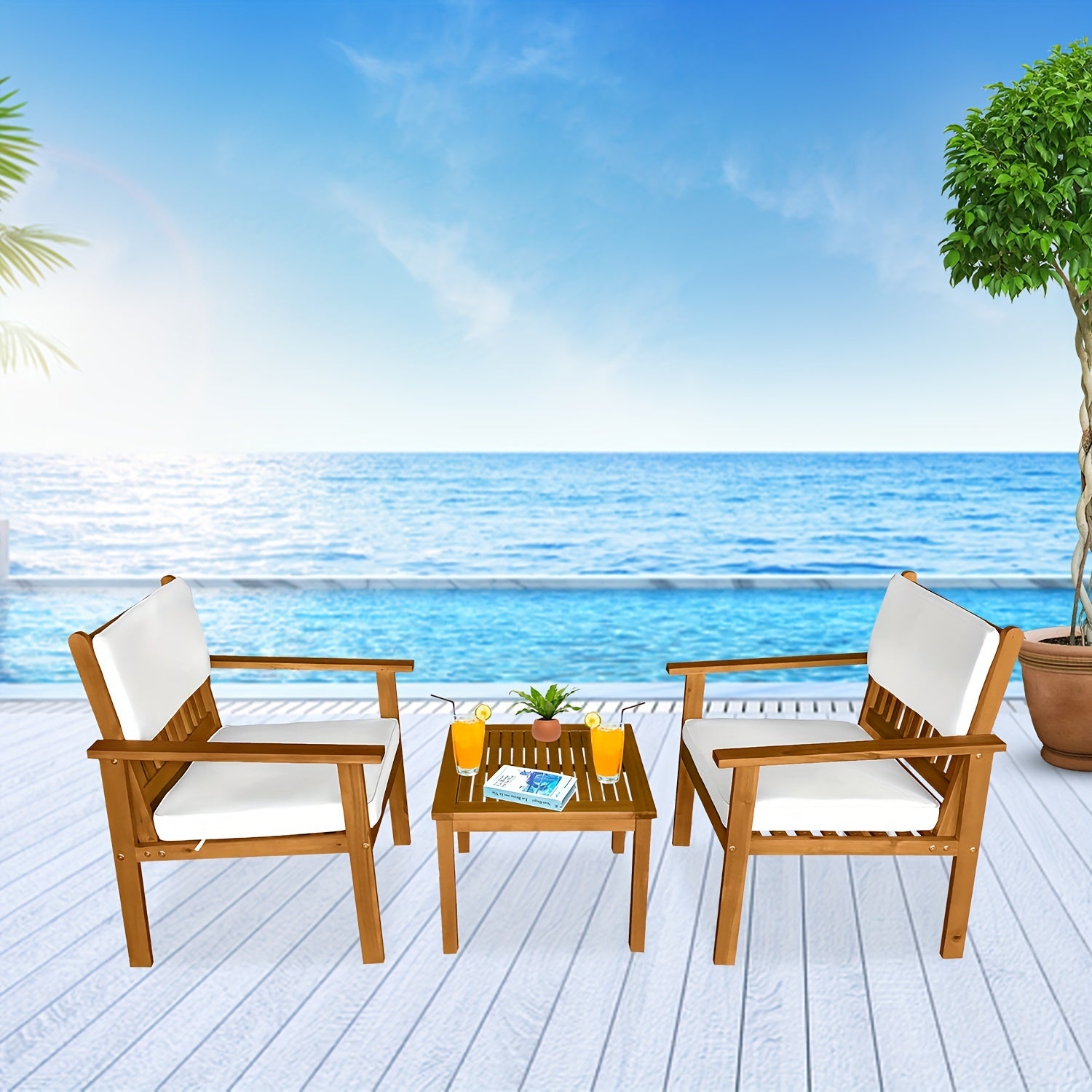 3 Pieces Acacia Wood Patio Bistro Set with Water Resistant Cushions and Coffee Table for Backyard Garden Patio Furniture Outdoor Table Chair Set Outdoor Wood Chat Chairs Set