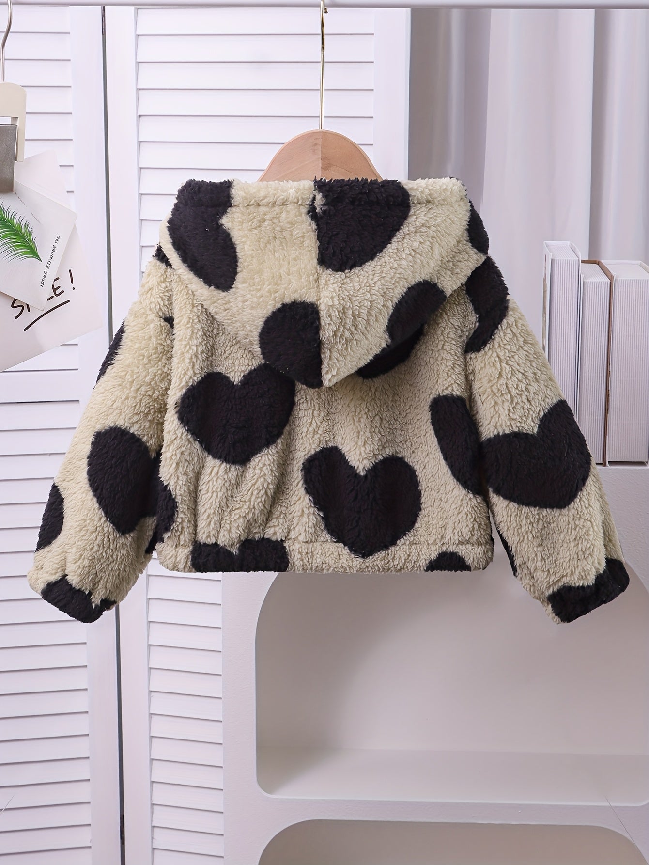 Girls' Jacket, Casual Fashion Heart Plush Hooded Zip-Up Long Sleeve, Solid Color, Spring/Autumn