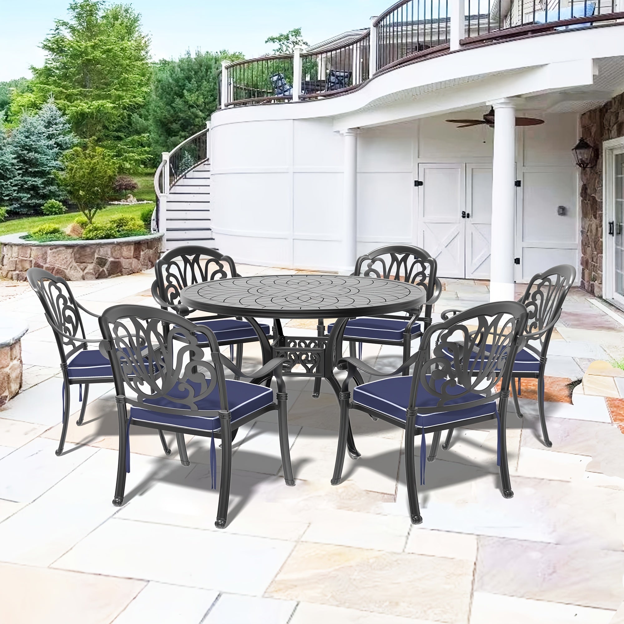 7pcs 47.24 -inch Round Table Cast Aluminum Outdoor Dining Set with Random Color Cushions, Dining Table, Backyard Seating, Patio Furniture, Sleek Design, Contemporary Patio, Sturdy Construction, Durable Metal, Cushioned Seatin