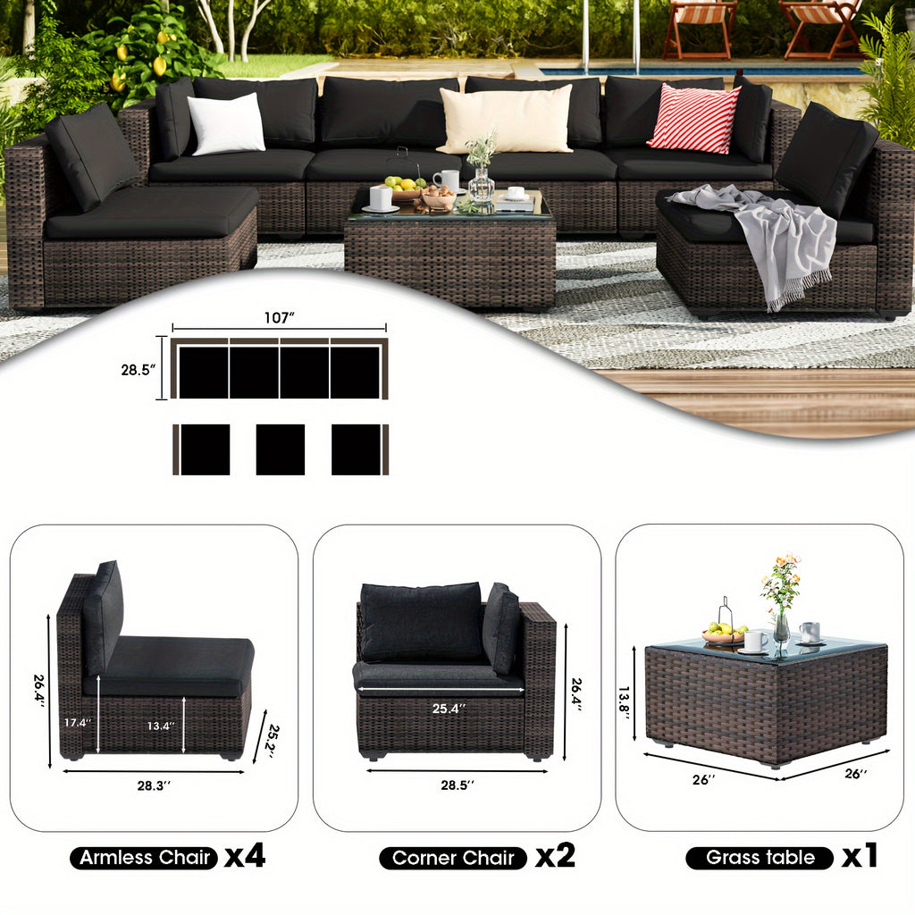 7pcs Outdoor Patio Furniture Sectional Sofa Suitable for - All-Weather PE Wicker & Metal Frame Modular Conversation Set with Cushions & Glass Coffee Table, - Cushions for Garden, Lawn, Balcony, Deck, Porch (Compatible for)