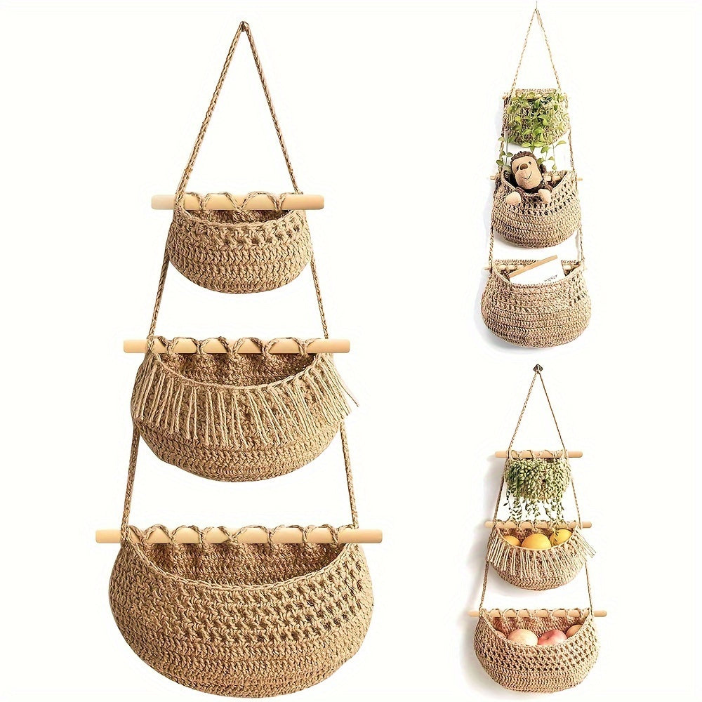 Easy to Install 3-Tier Wall Hanging Storage Basket - Handwoven Rope, Versatile and Space-Saving Organizer for Fruits, Vegetables & More - Boho Chic Home Decor