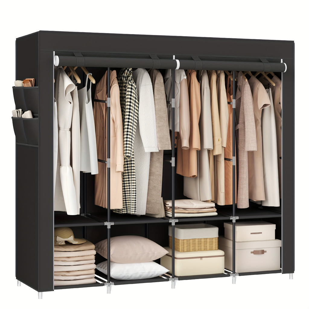 1pc SONGMICS Portable Wardrobe Closet Organizer with Cover, 4 Hanging Rods and Shelves, 4 Side Pockets, Metal Material, Lacquered Finish, Large Capacity for Bedroom, Living Room, Clothes Organizer Storage, SONGMICS