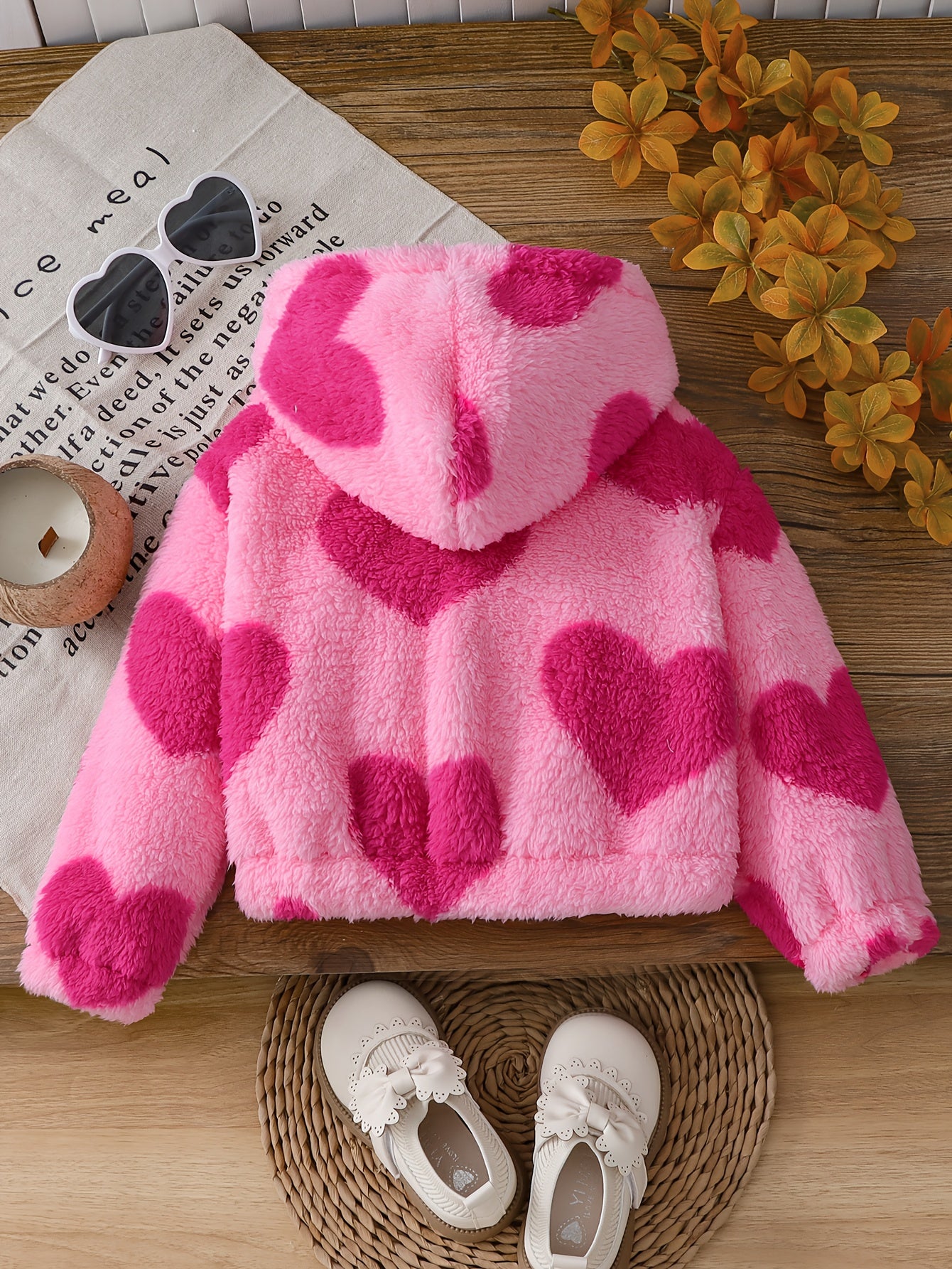 Girls' Jacket, Casual Fashion Heart Plush Hooded Zip-Up Long Sleeve, Solid Color, Spring/Autumn