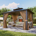 20'x13'/16'x12'/12'x10' Hardtop Gazebo for Patio, Outdoor Aluminum Gazebo with Double Roof, Curtains & Netting, Weather-Resistant Permanent Pavilion, Backyard Patio Furniture for Garden, Lawn, Deck (Brown/Gray)